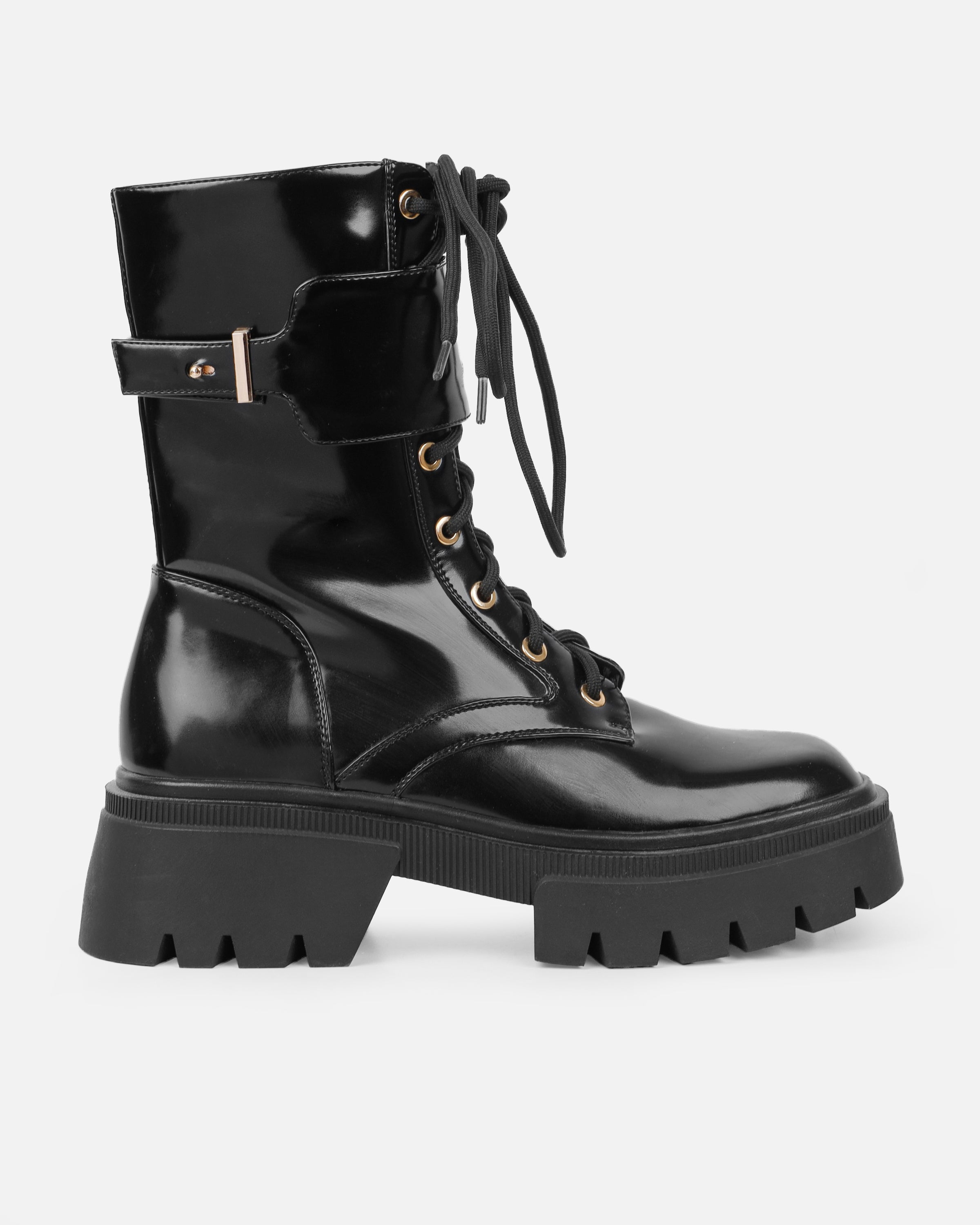 Dafydd Black Chunky Flat Lace Up Combat Boots | SIMMI London