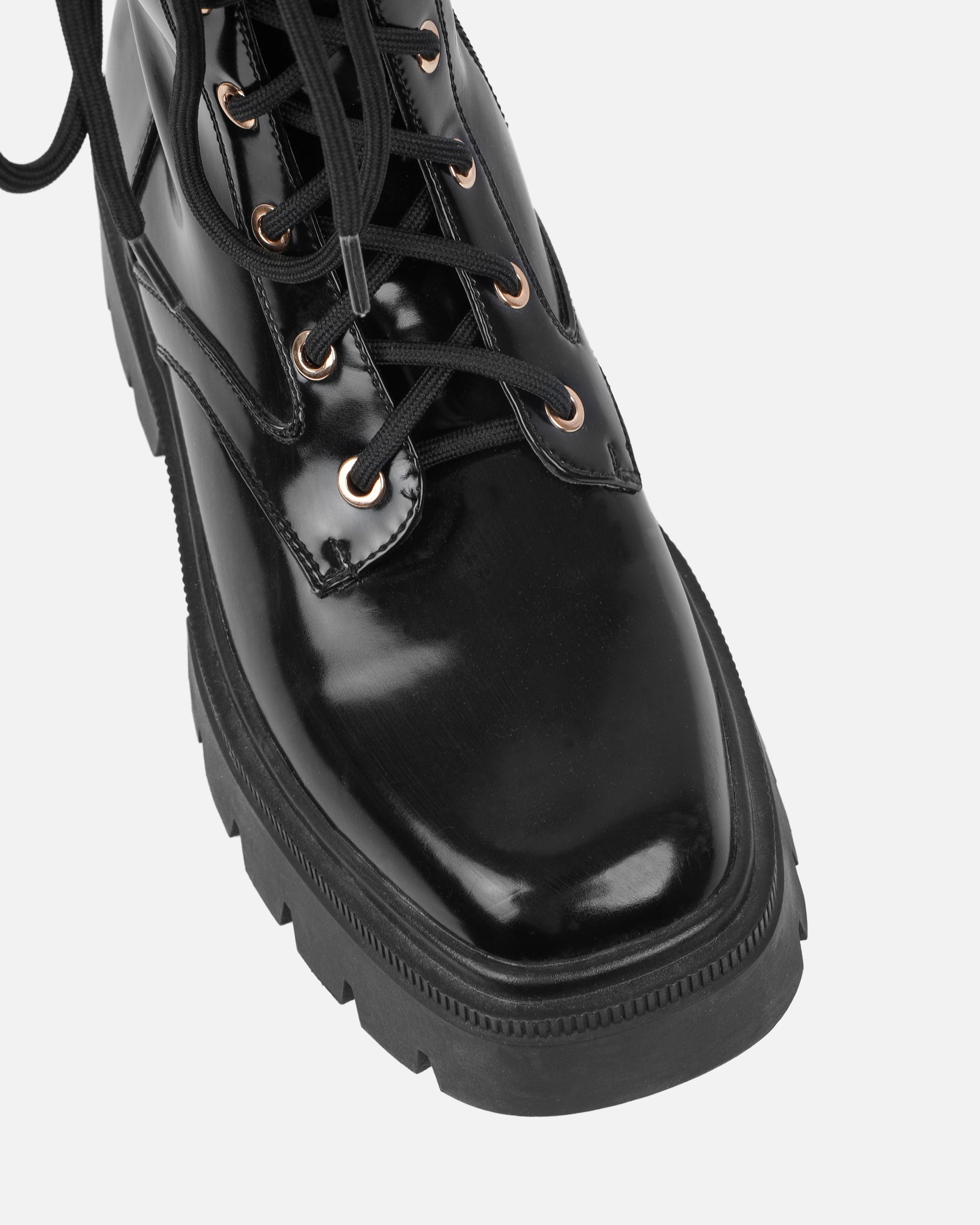 Dafydd Black Chunky Flat Lace Up Combat Boots | SIMMI London