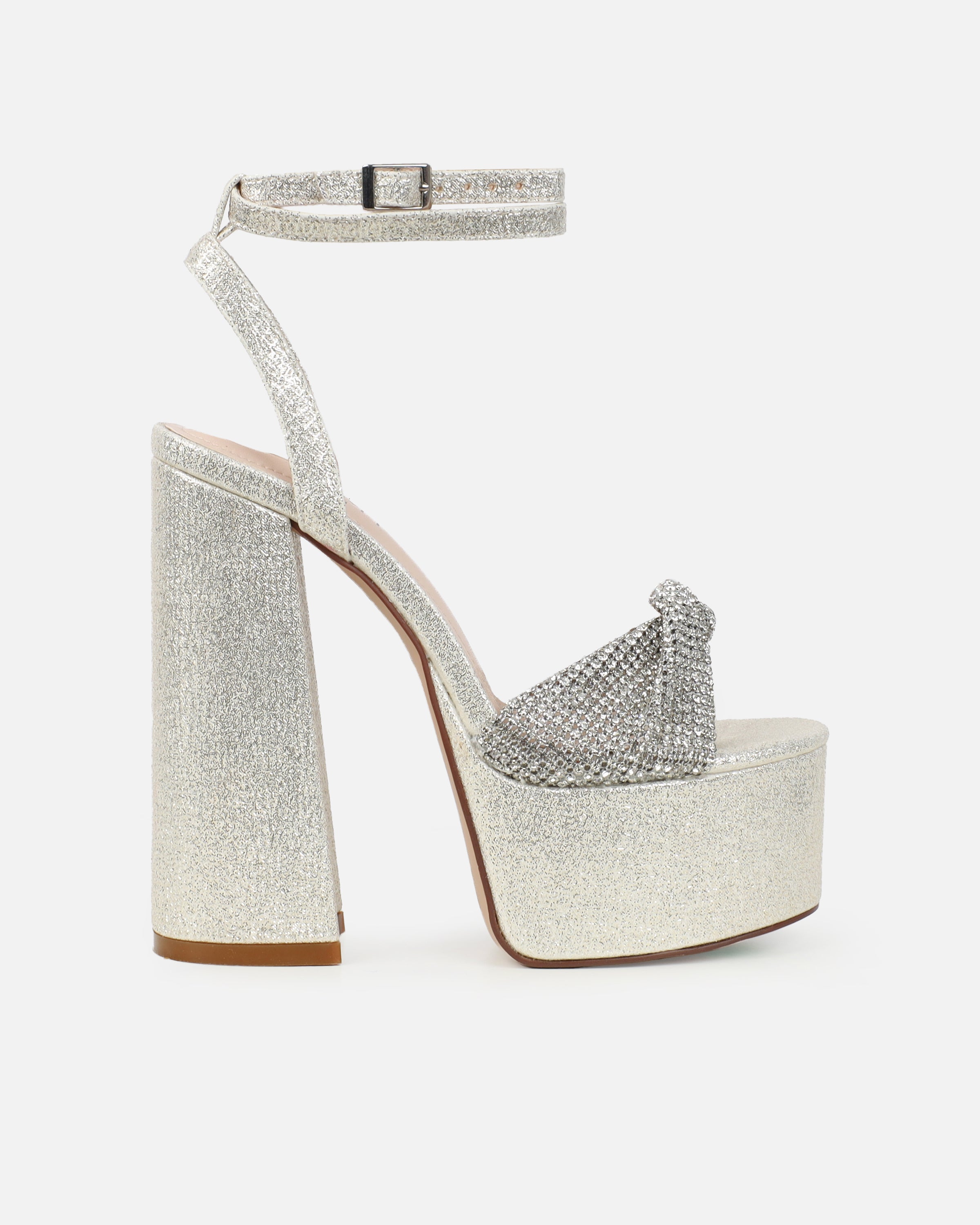 Avery Silver Shimmer Diamante Platform Heeled Sandals | SIMMI London