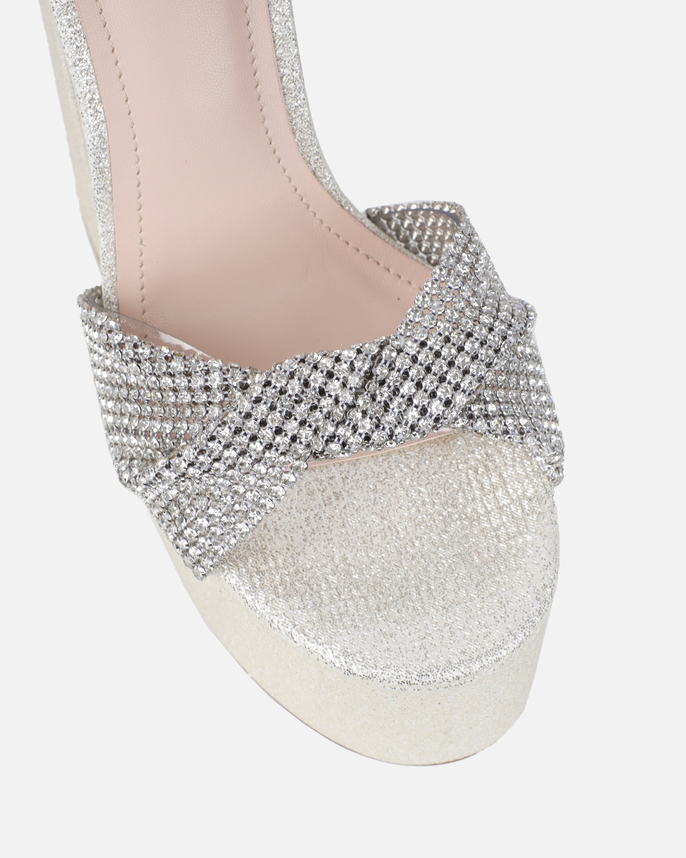Avery Silver Shimmer Diamante Platform Heeled Sandals | SIMMI London