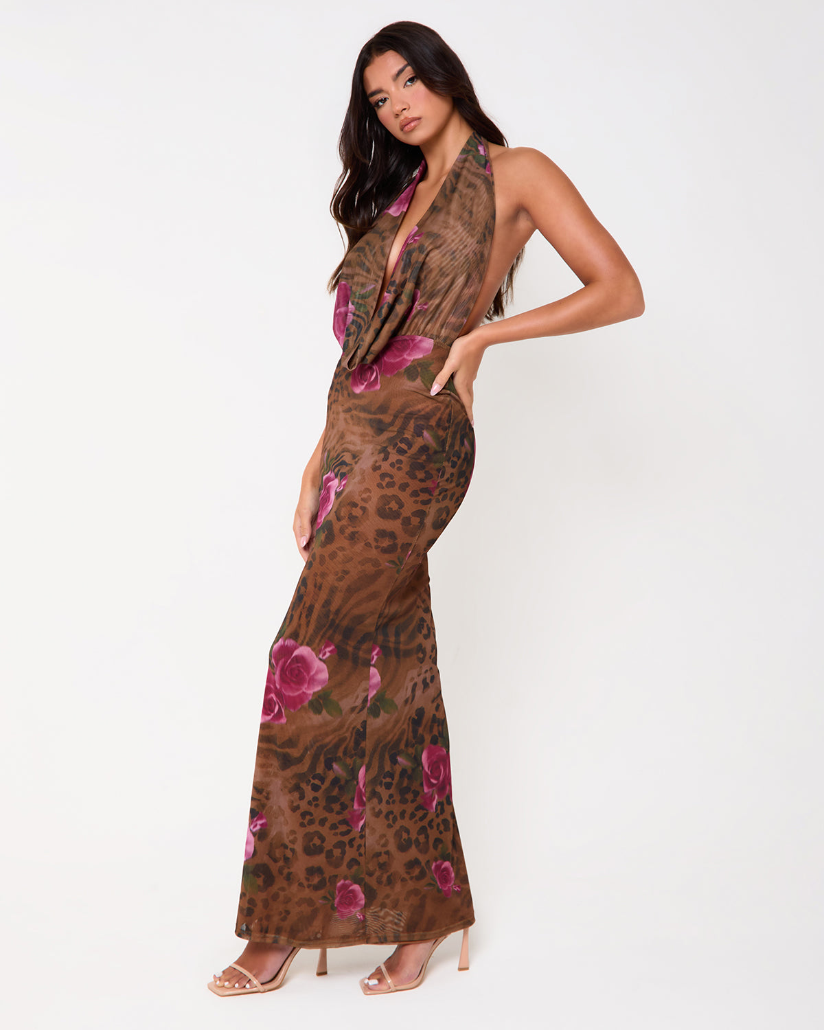 Queens Print Extreme Cowl Neck Maxi Dress | SIMMI London