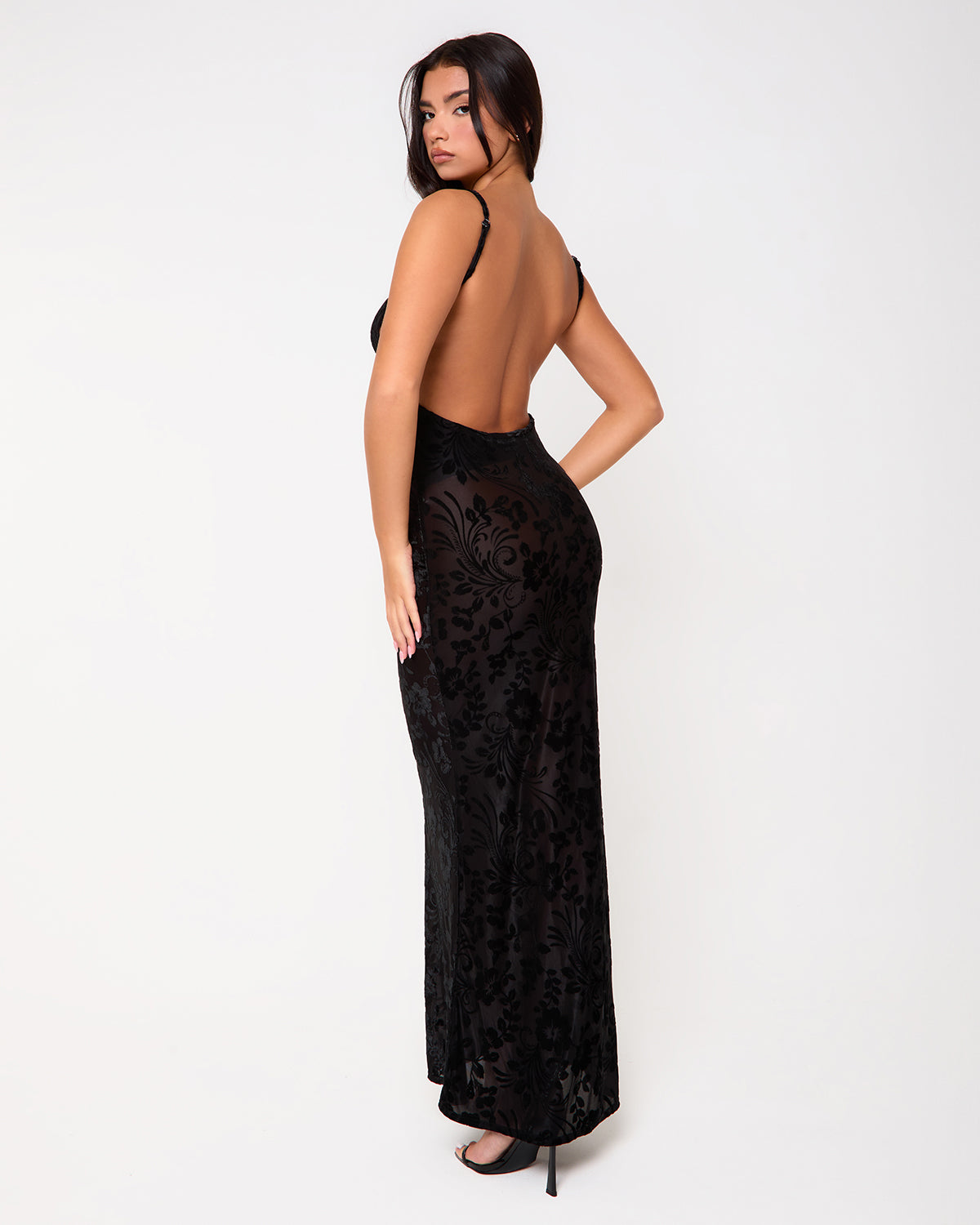 Chelsea Black Devore Backless Maxi Dress | SIMMI London