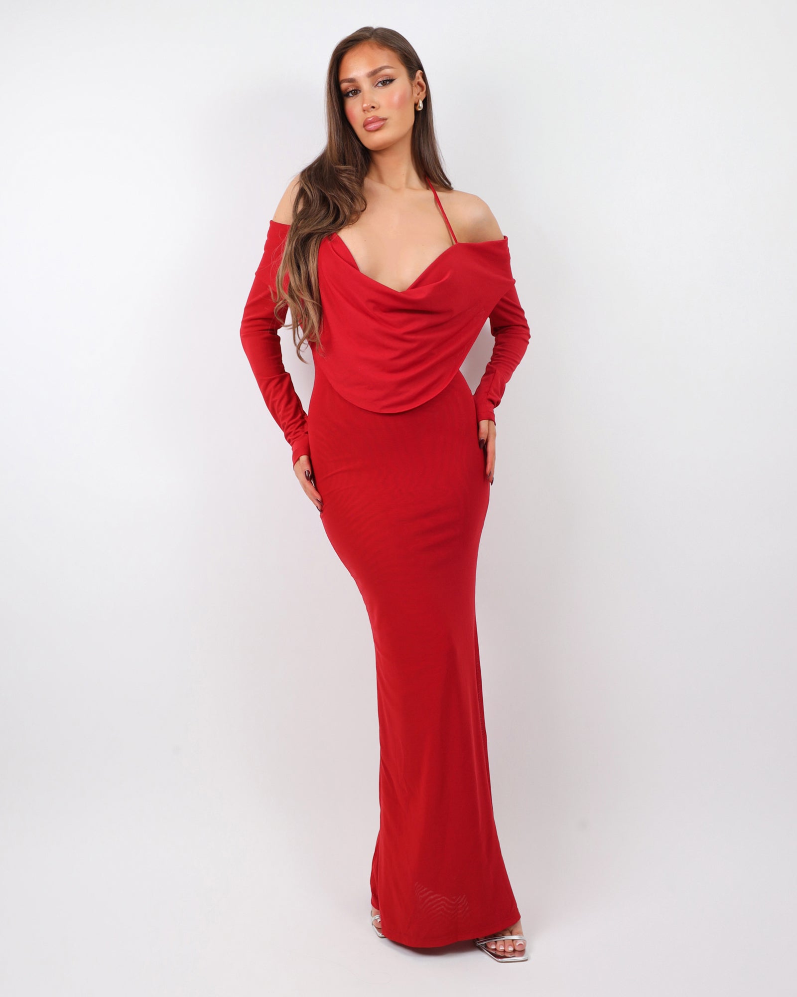 Bordeaux Red Extreme Cowl Maxi Dress | SIMMI London