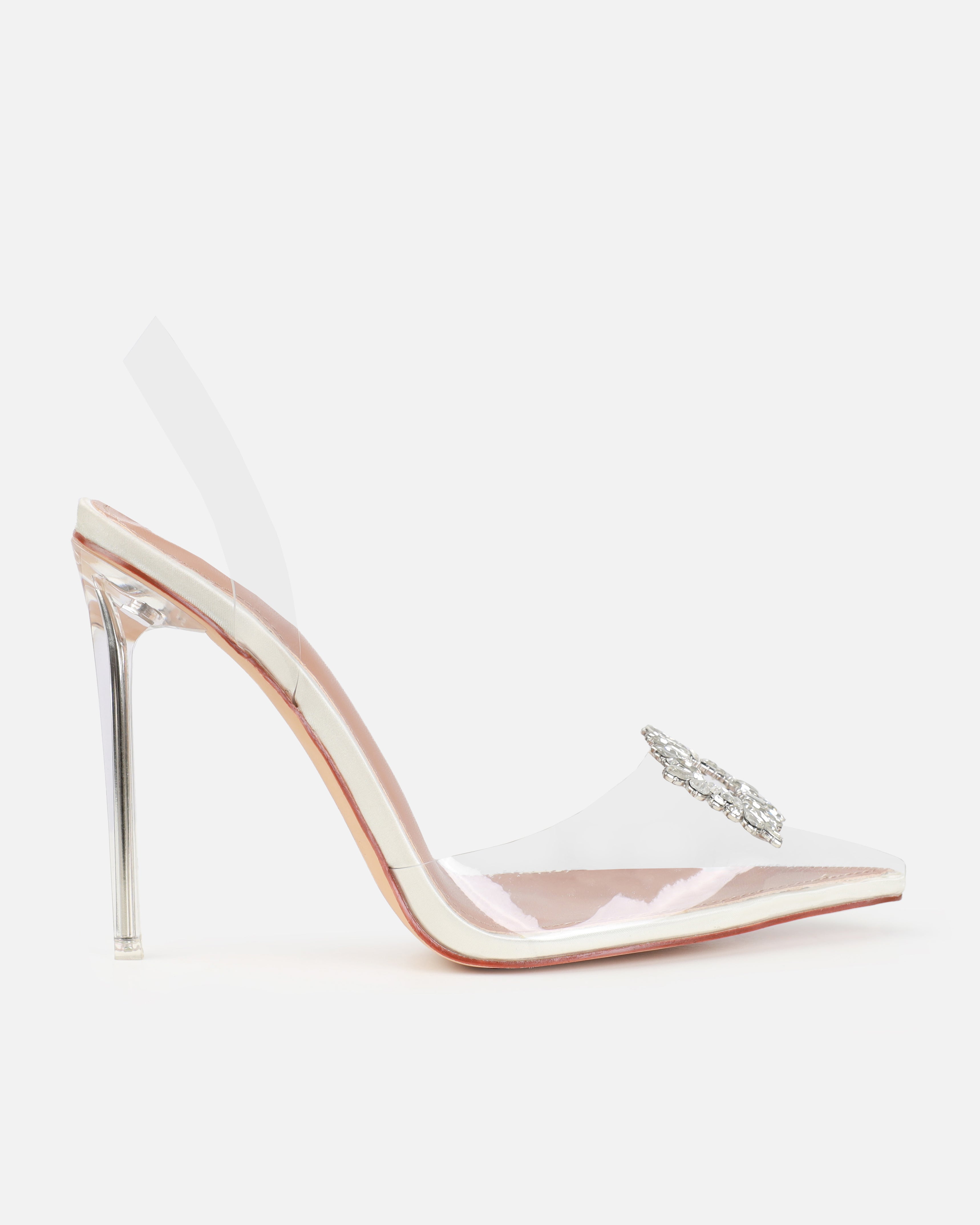Dionne Crowe Gift Ivory Satin Clear Diamante Slingback Heels | SIMMI London