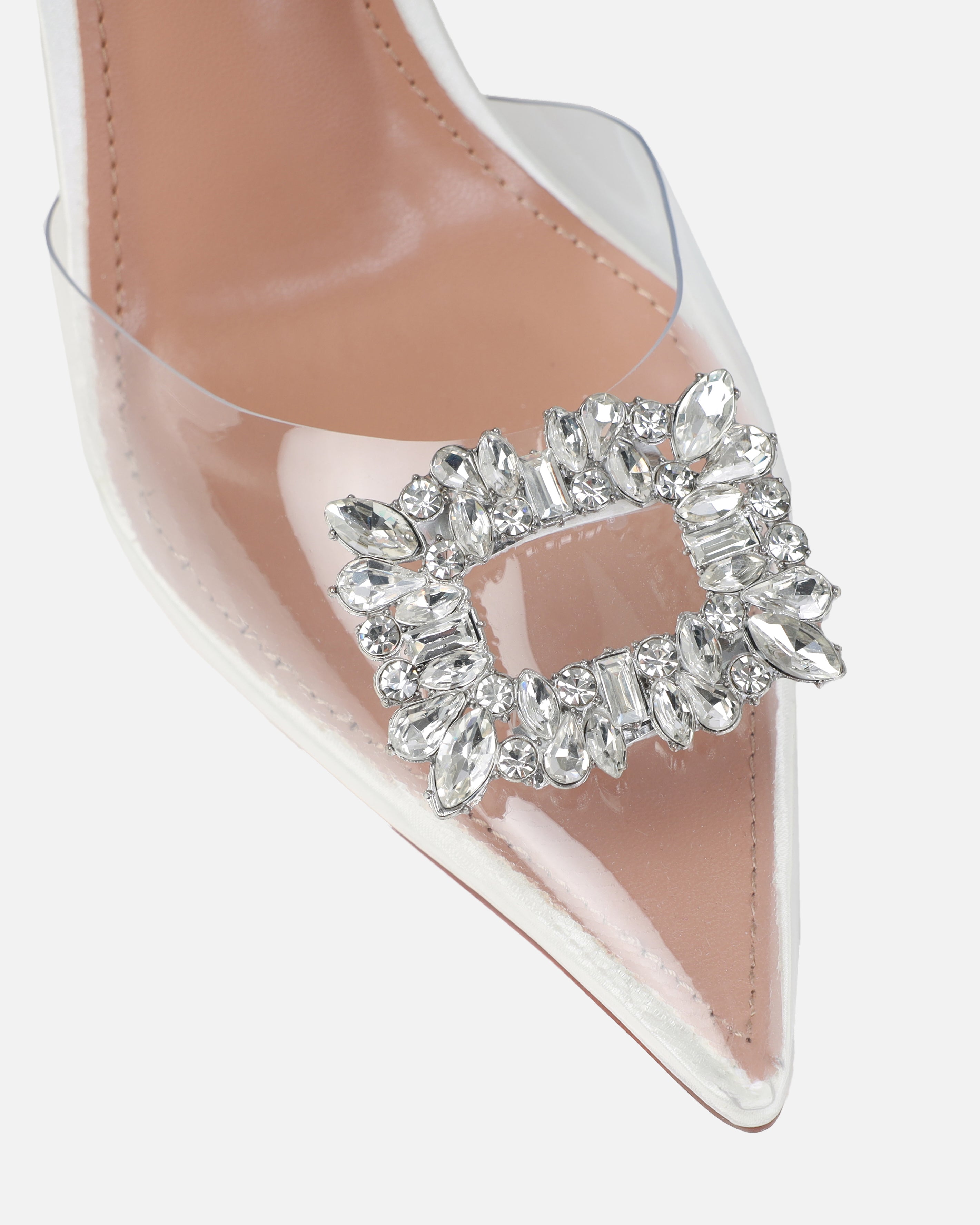 Dionne Crowe Gift Ivory Satin Clear Diamante Slingback Heels | SIMMI London