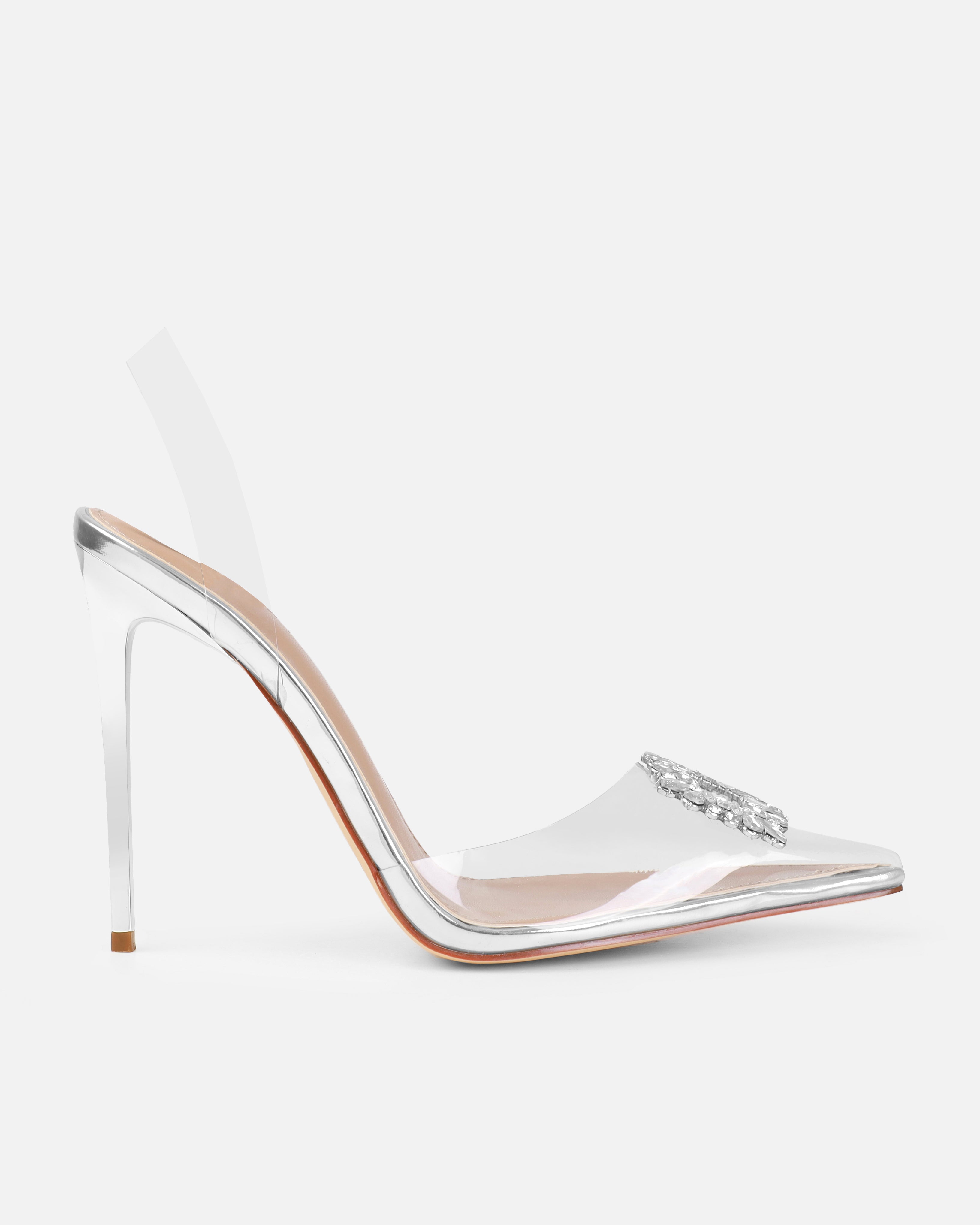 Dionne Crowe Gift Silver Clear Diamante Slingback Heels | SIMMI London