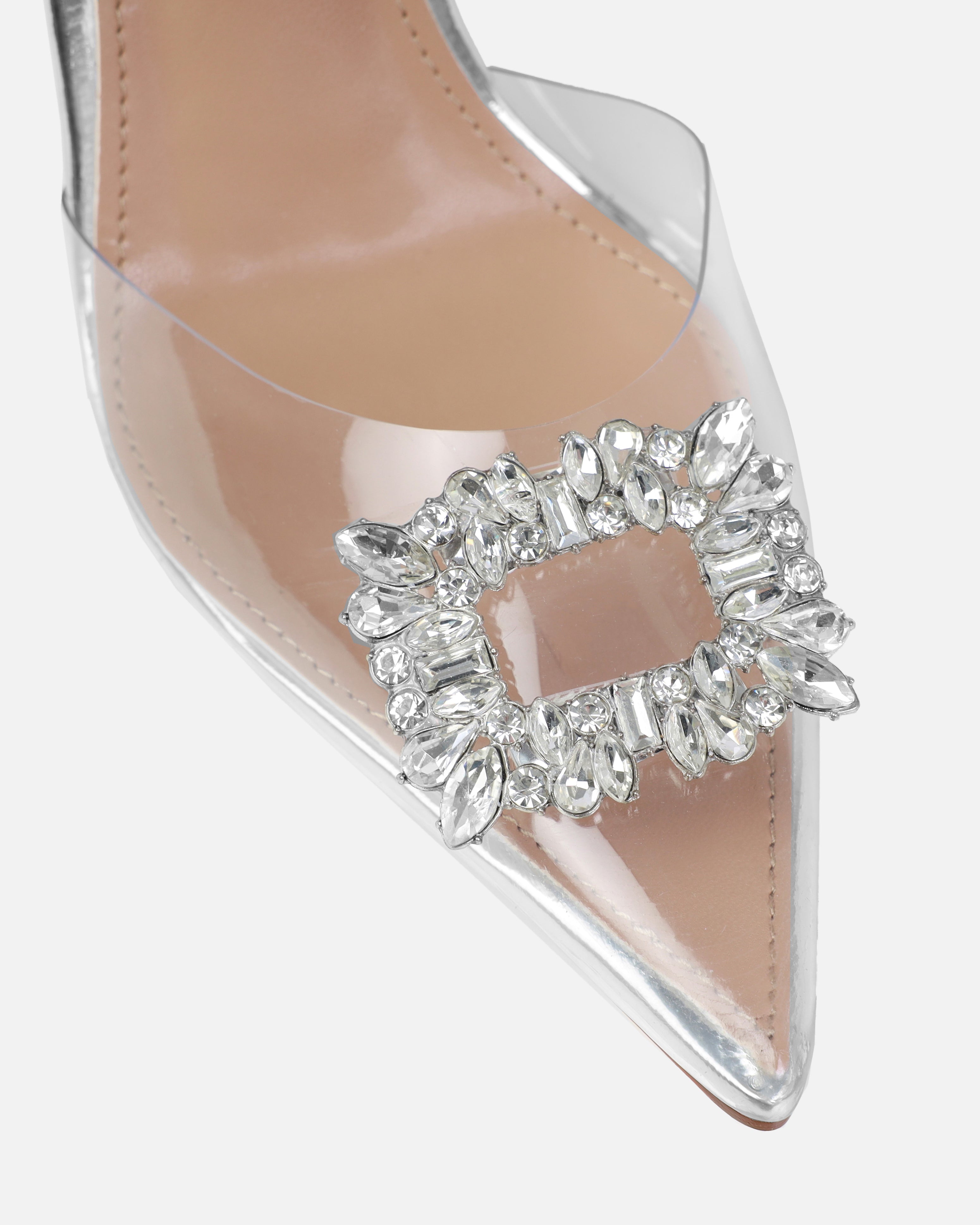 Dionne Crowe Gift Silver Clear Diamante Slingback Heels | SIMMI London