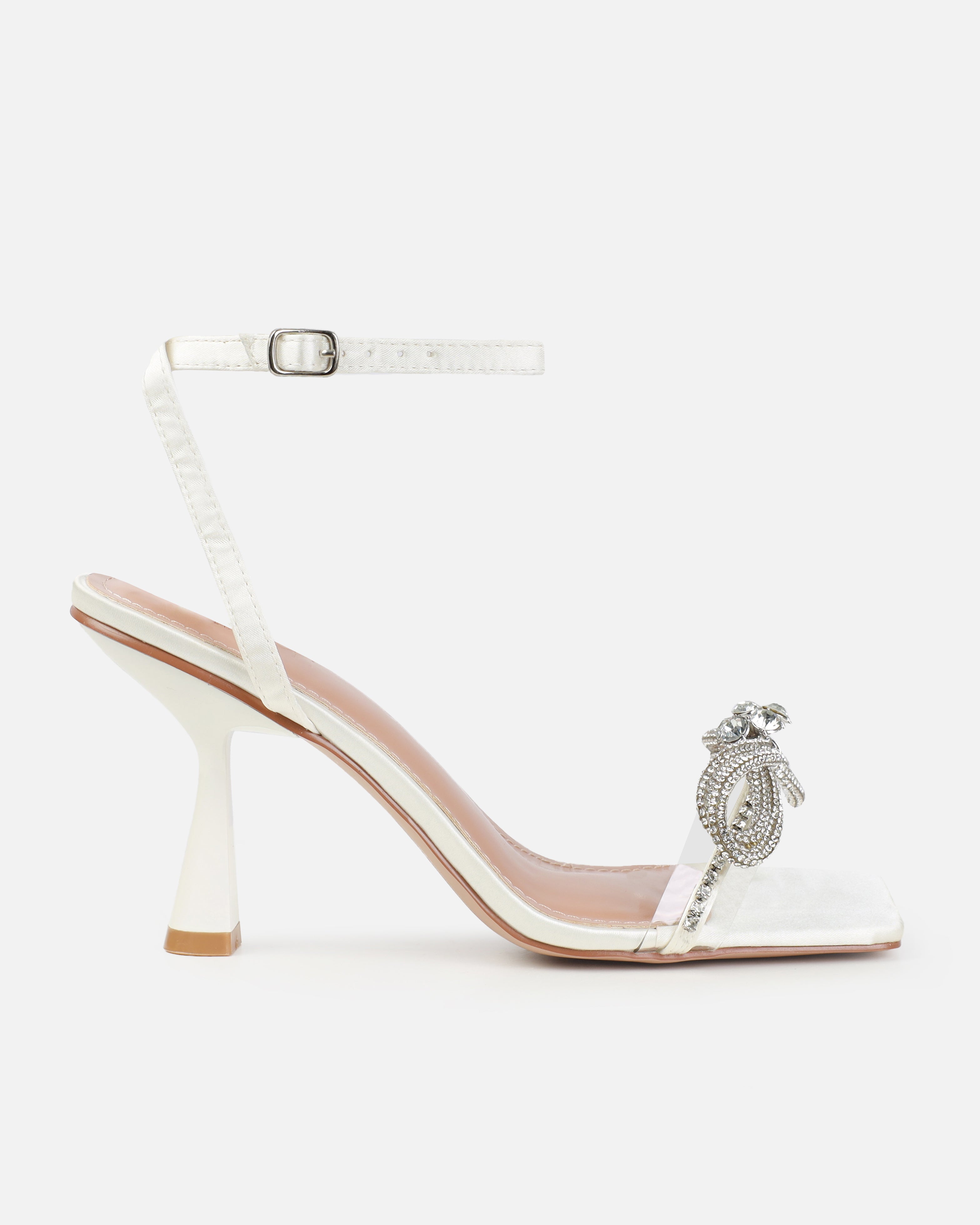 Dionne Crowe Diamond Ivory Satin Diamante Bow Mid Heels | SIMMI London