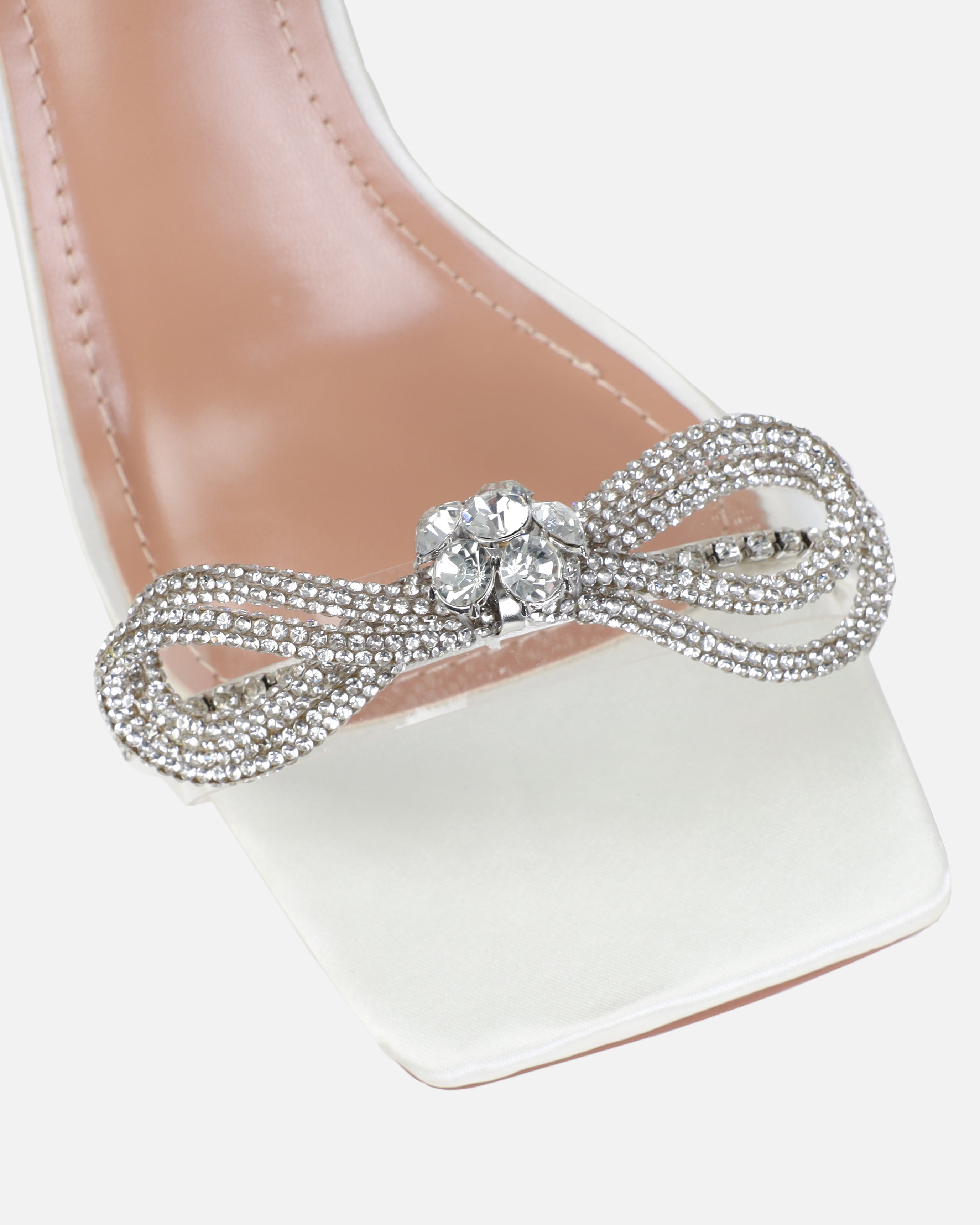 Dionne Crowe Diamond Ivory Satin Diamante Bow Mid Heels | SIMMI London
