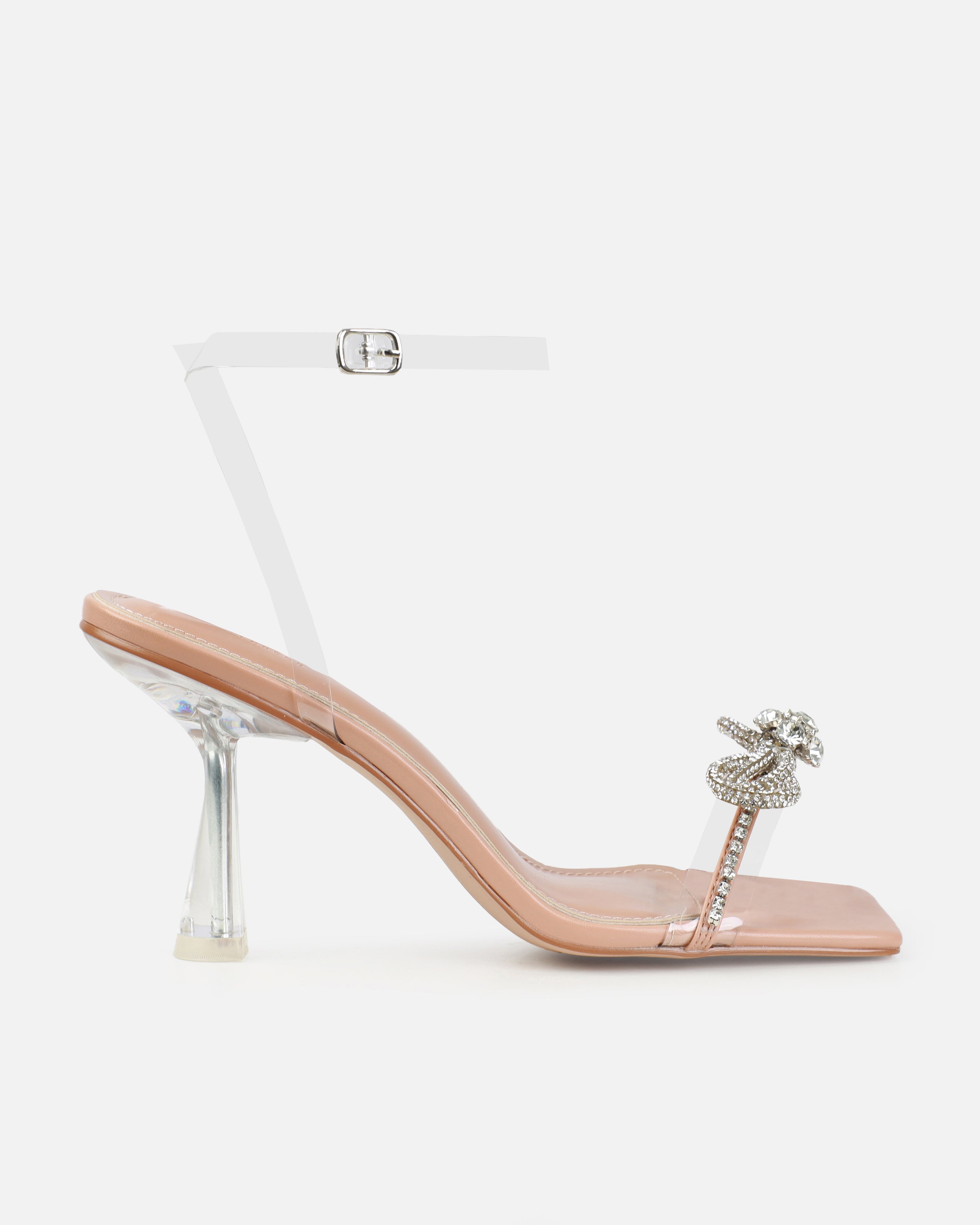 Dionne Crowe Diamond Nude Clear Diamante Bow Mid Heels | SIMMI London