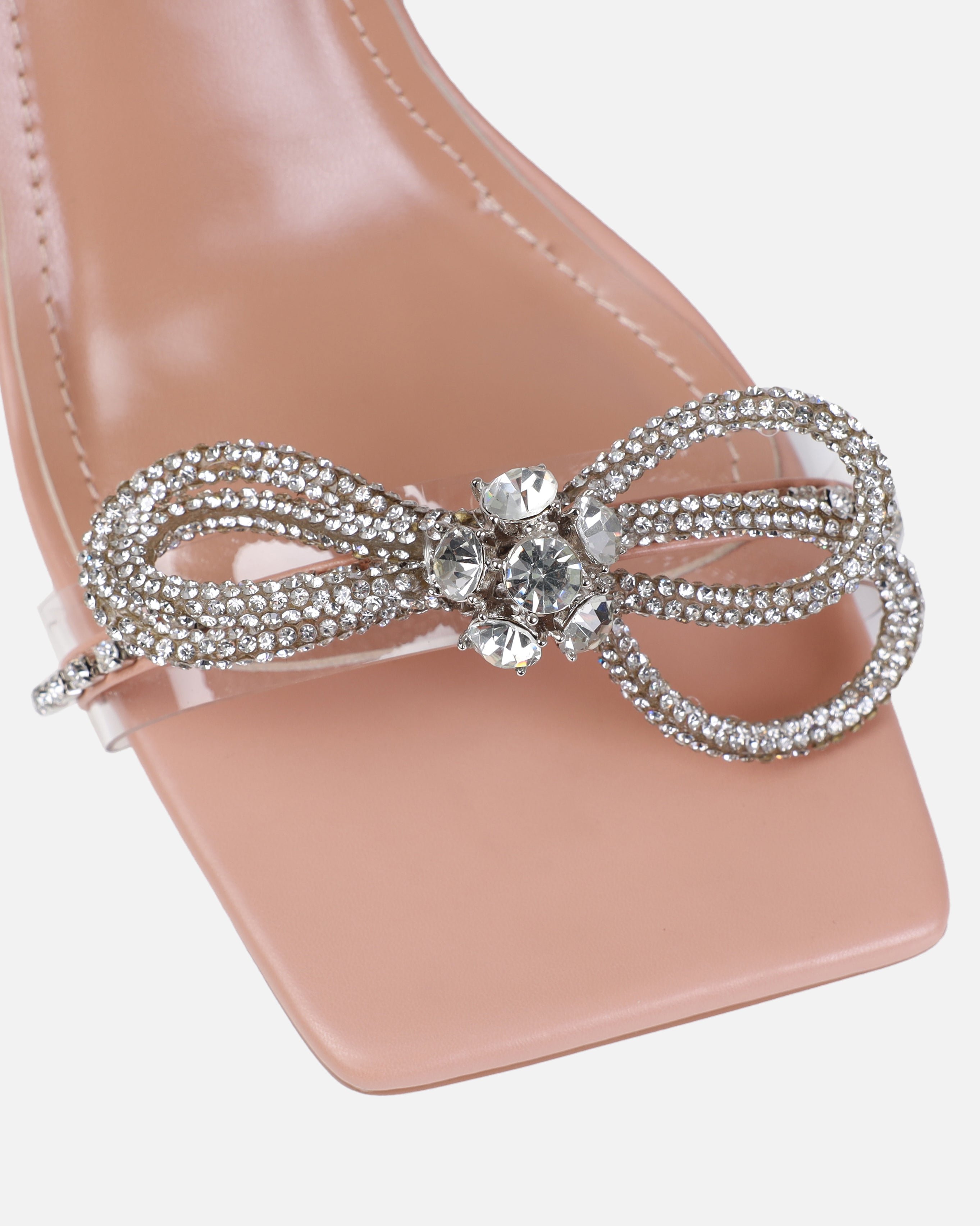 Dionne Crowe Diamond Nude Clear Diamante Bow Mid Heels | SIMMI London