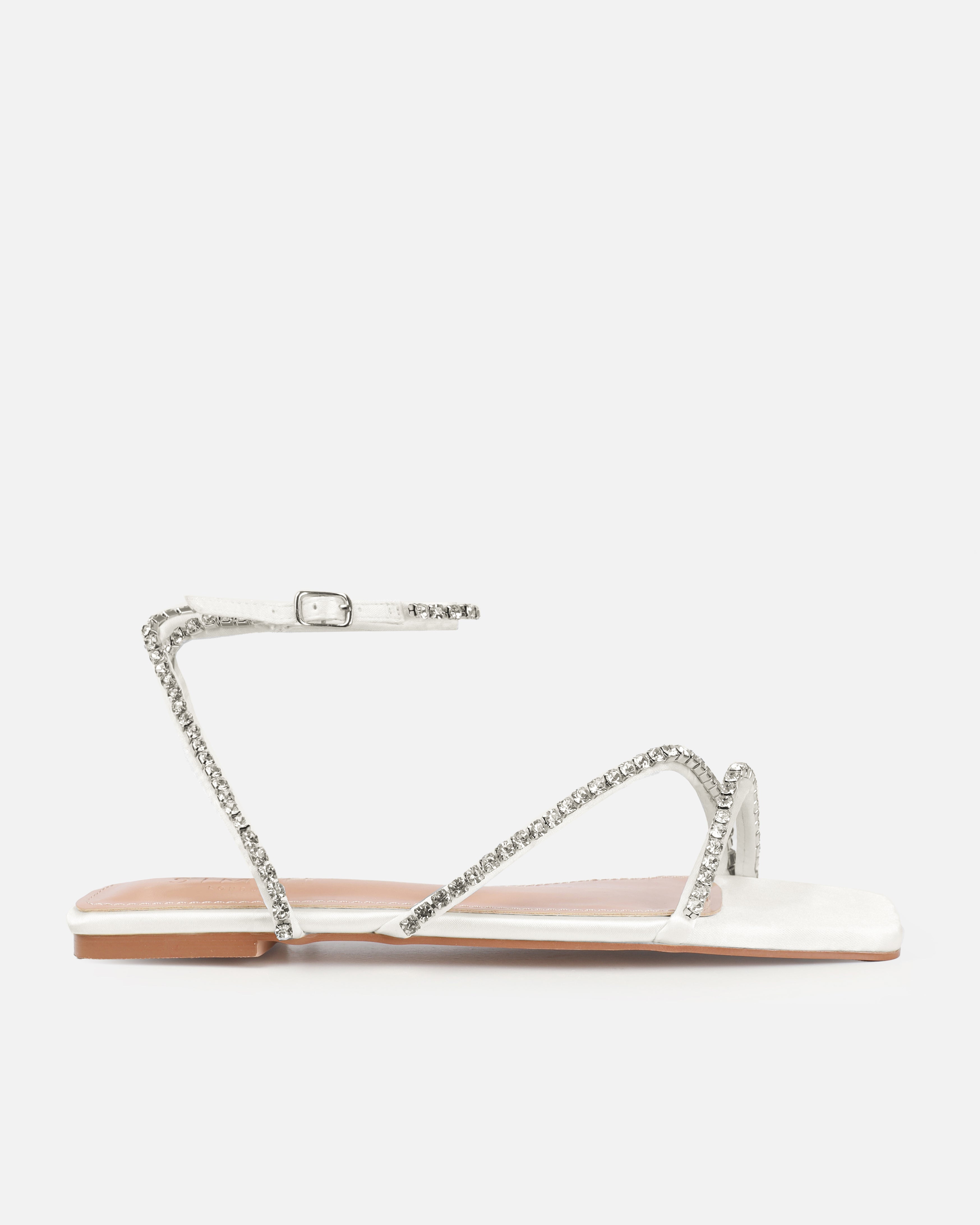 Dionne Crowe Forever Ivory Satin Diamante Flat Sandals | SIMMI London