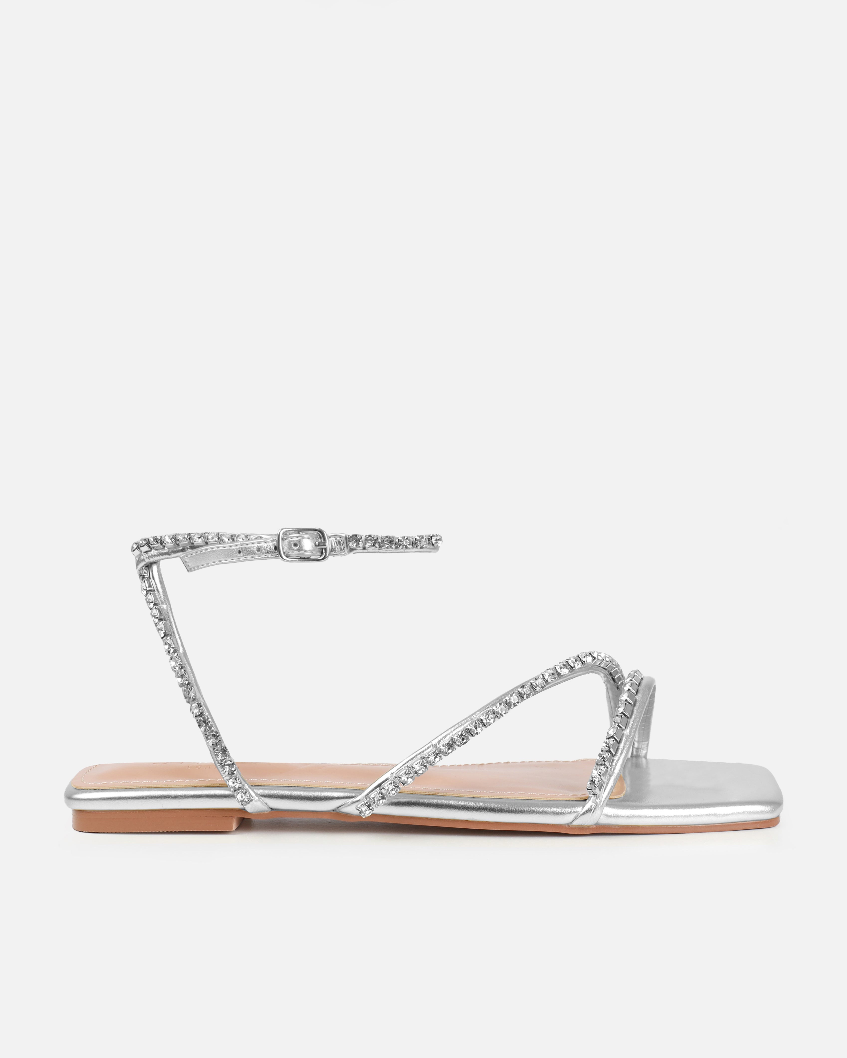 Dionne Crowe Forever Silver Diamante Flat Sandals | SIMMI London