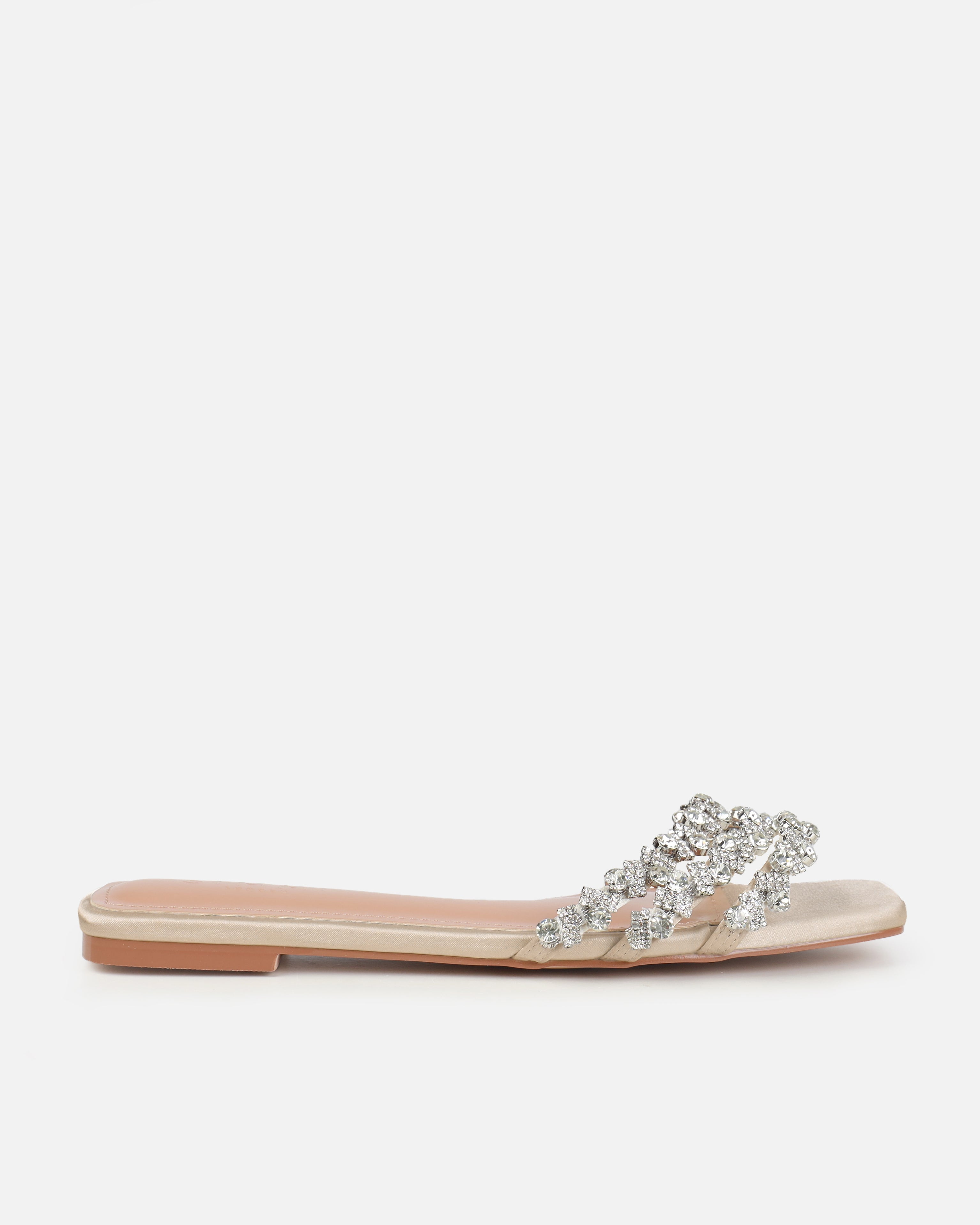 Dionne Crowe Hitched Champagne Satin Diamante Flat Sandals | SIMMI London