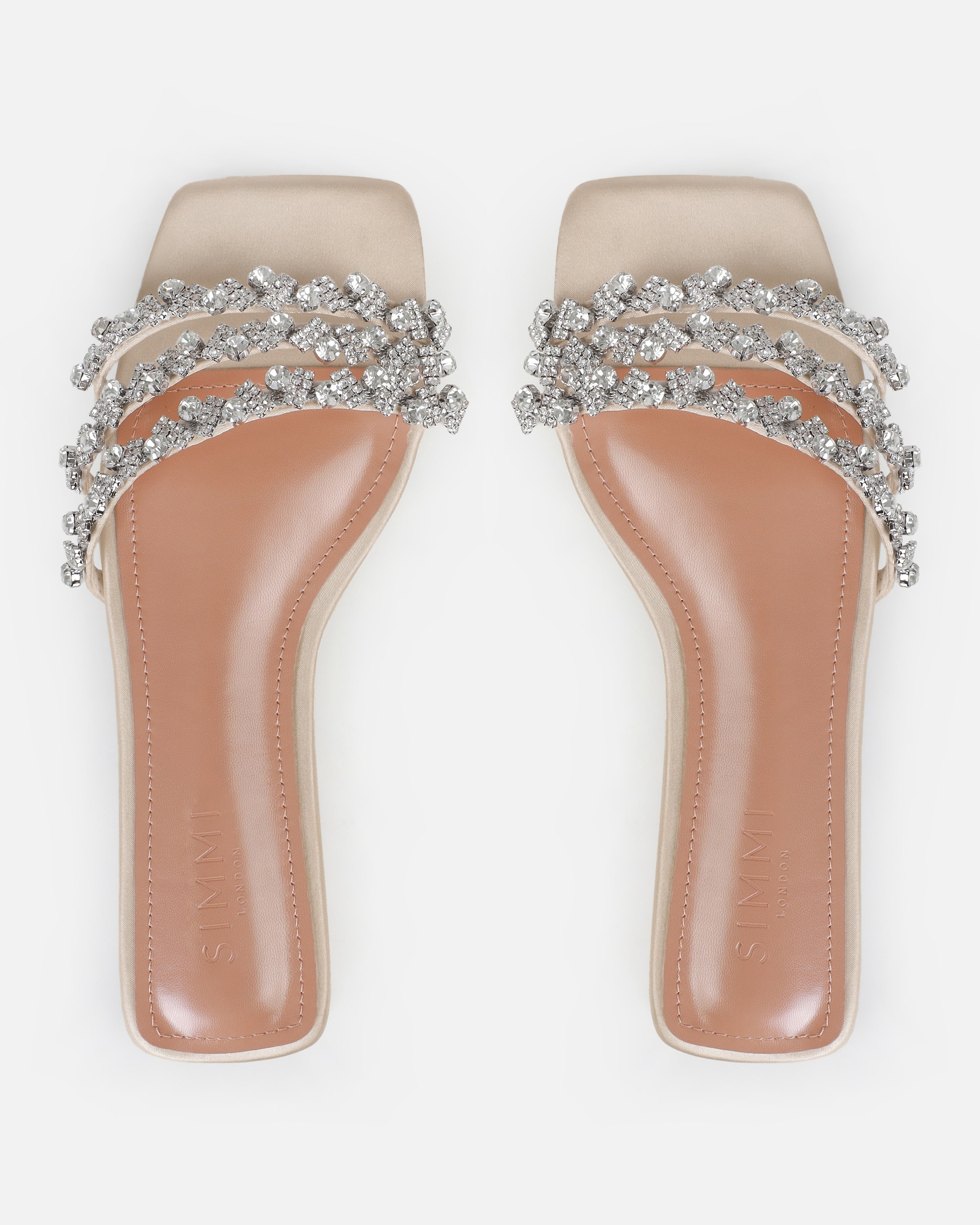 Dionne Crowe Hitched Champagne Satin Diamante Flat Sandals | SIMMI London