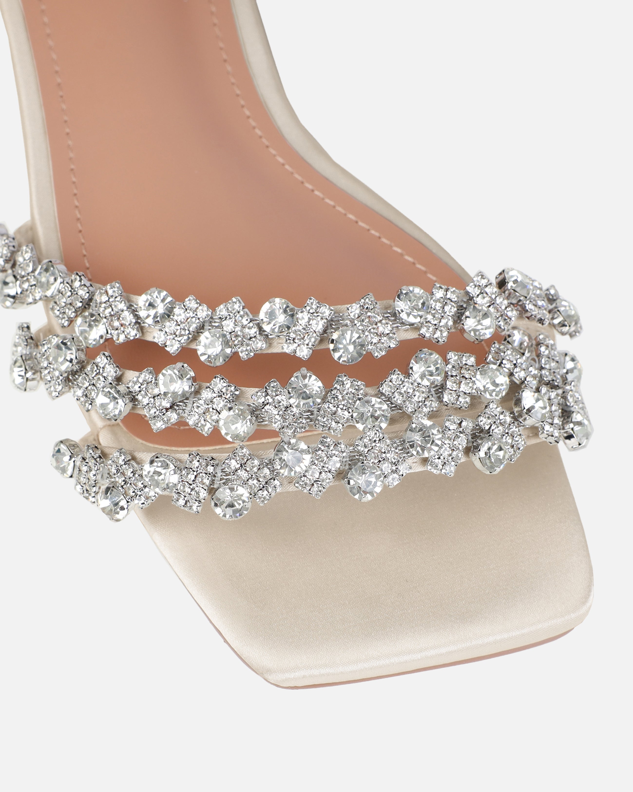 Dionne Crowe Hitched Champagne Satin Diamante Flat Sandals | SIMMI London