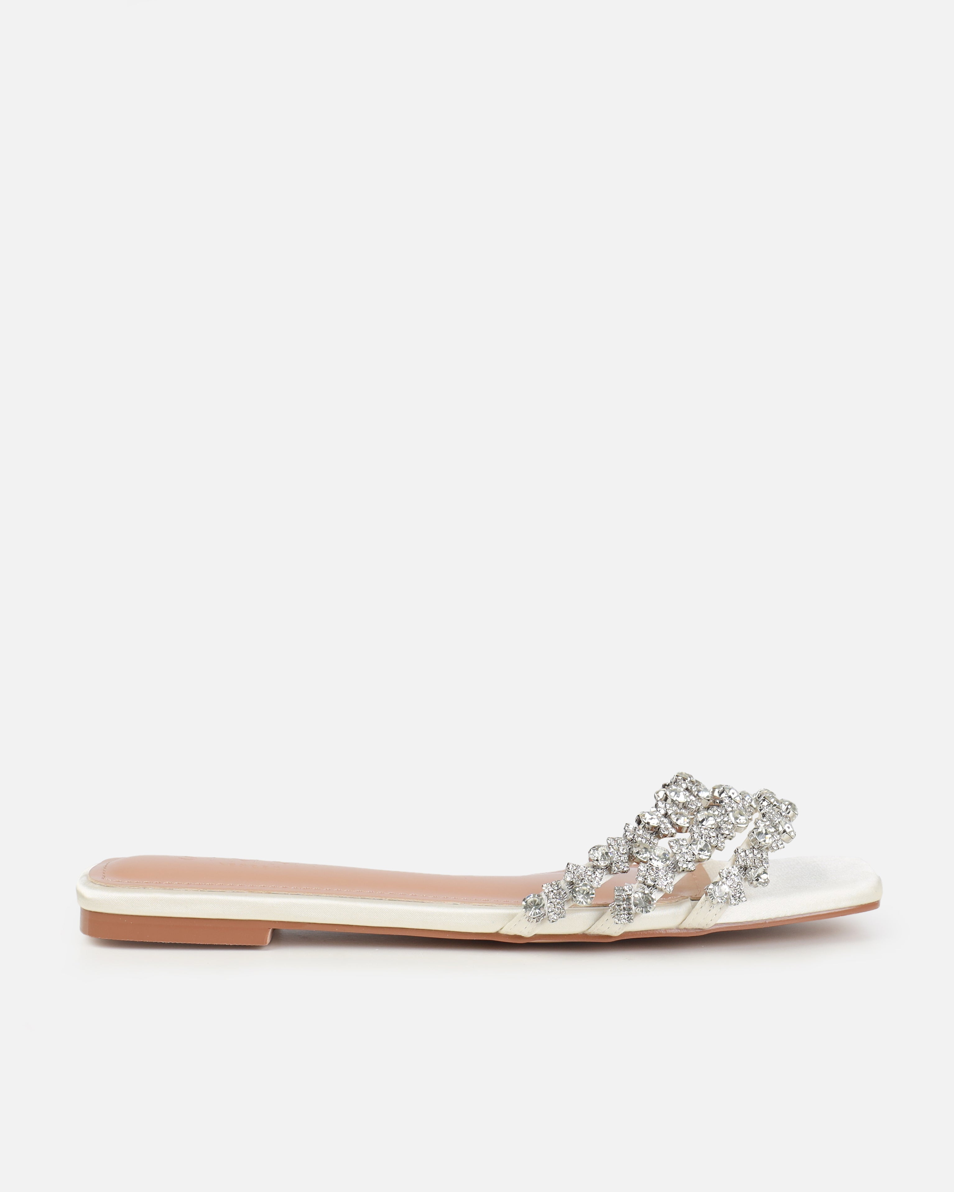 Dionne Crowe Hitched Ivory Satin Diamante Flat Sandals | SIMMI London