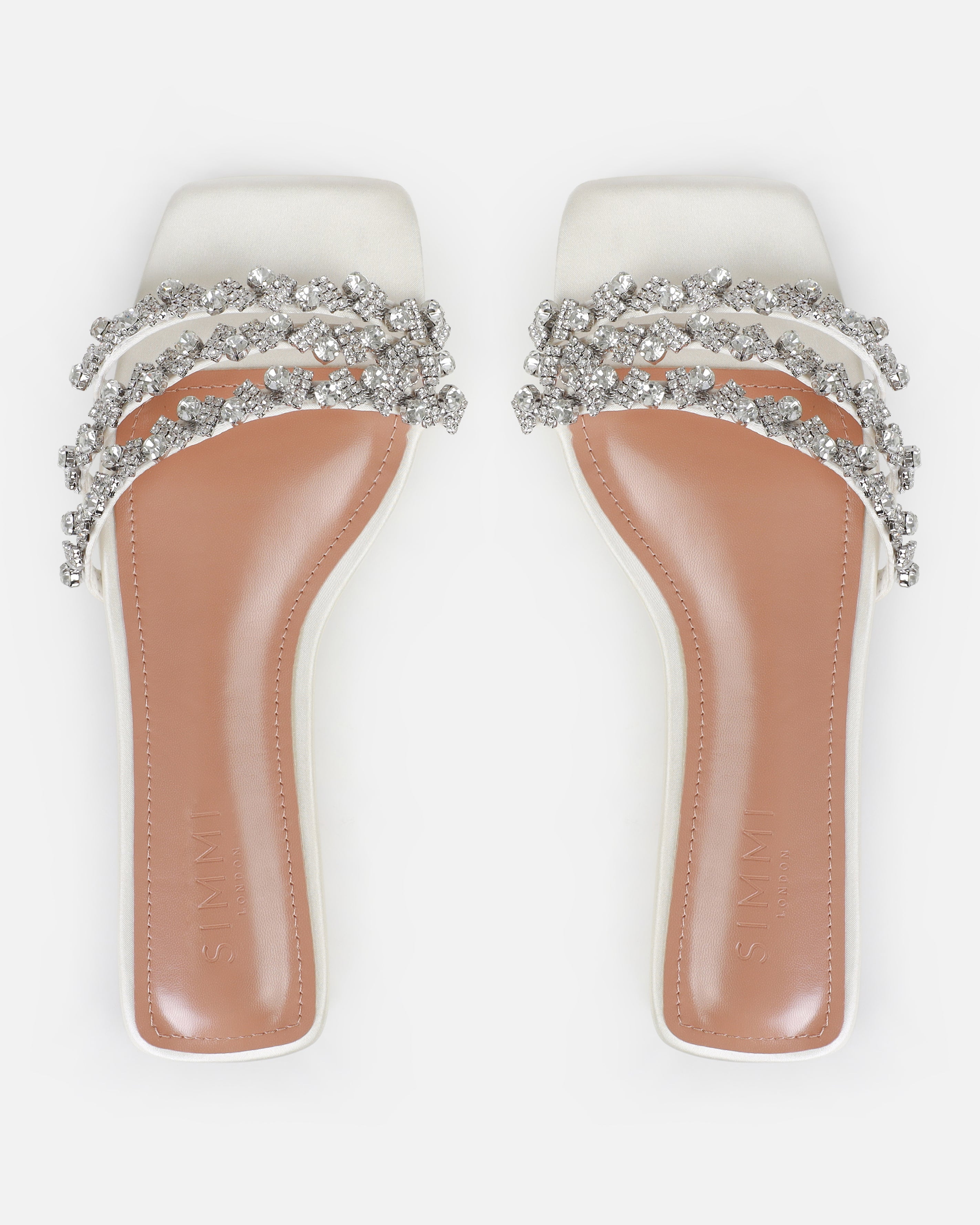 Dionne Crowe Hitched Ivory Satin Diamante Flat Sandals | SIMMI London