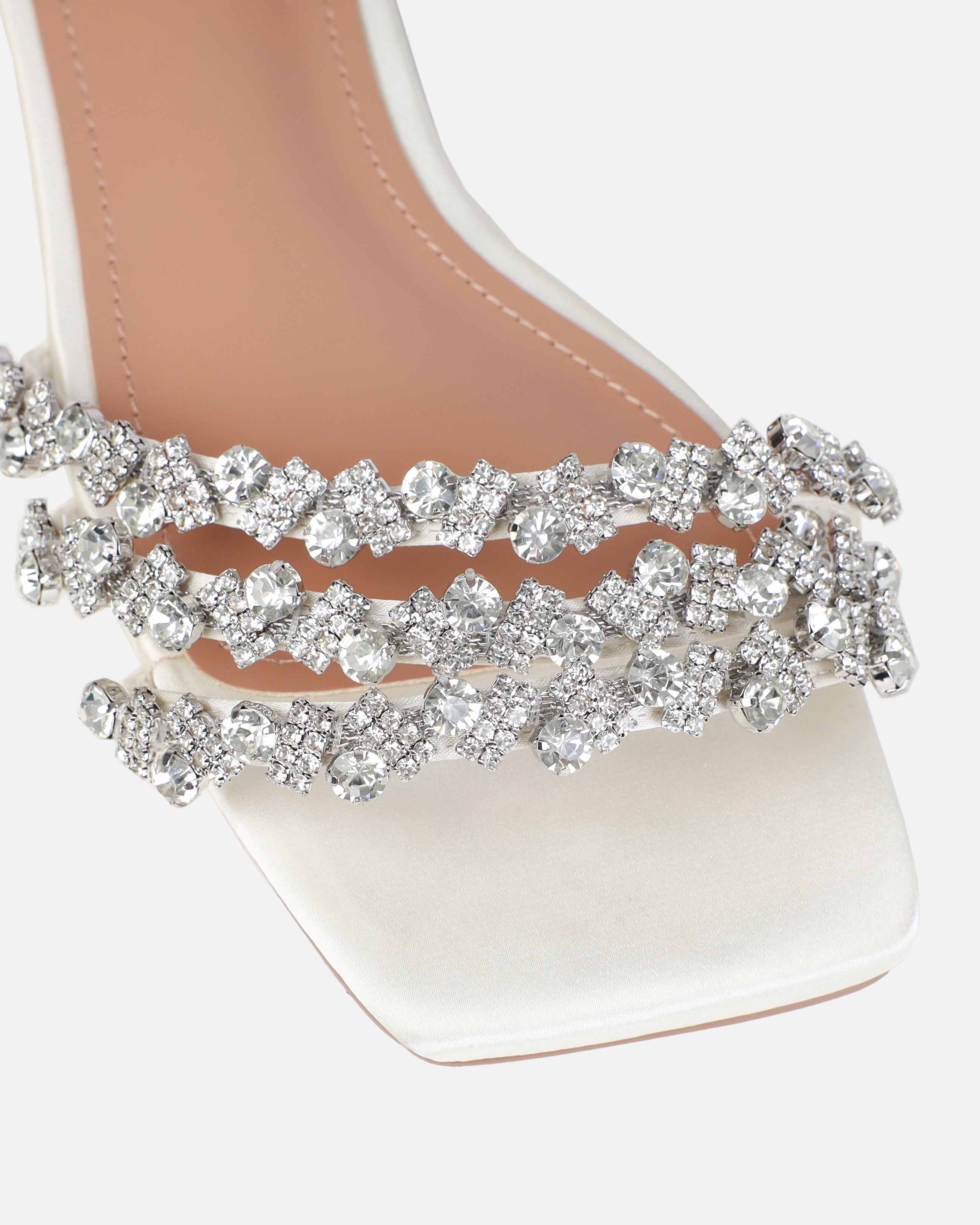 Dionne Crowe Hitched Ivory Satin Diamante Flat Sandals | SIMMI London