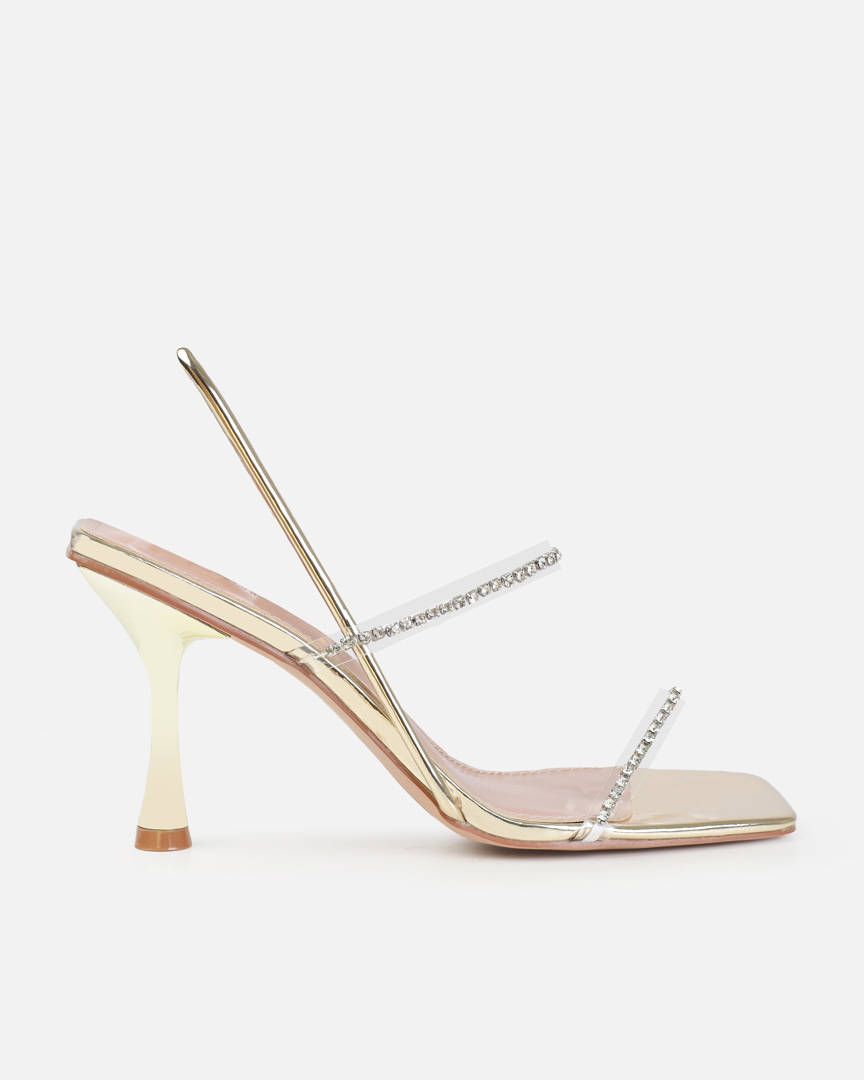 Dionne Crowe Confetti Gold Clear Diamante Mid Heel Mules | SIMMI London