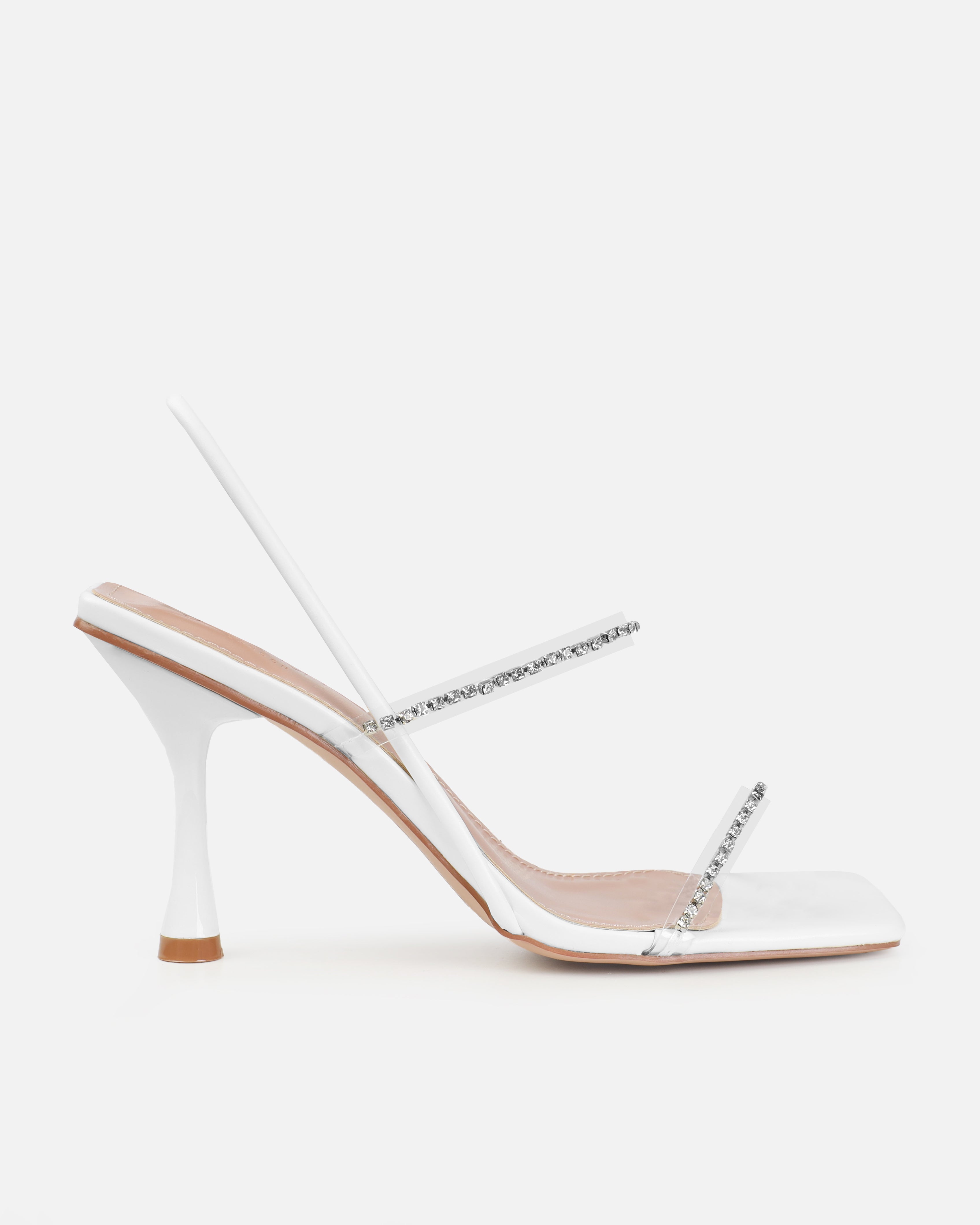 Dionne Crowe Confetti White Clear Diamante Mid Heel Mules | SIMMI London