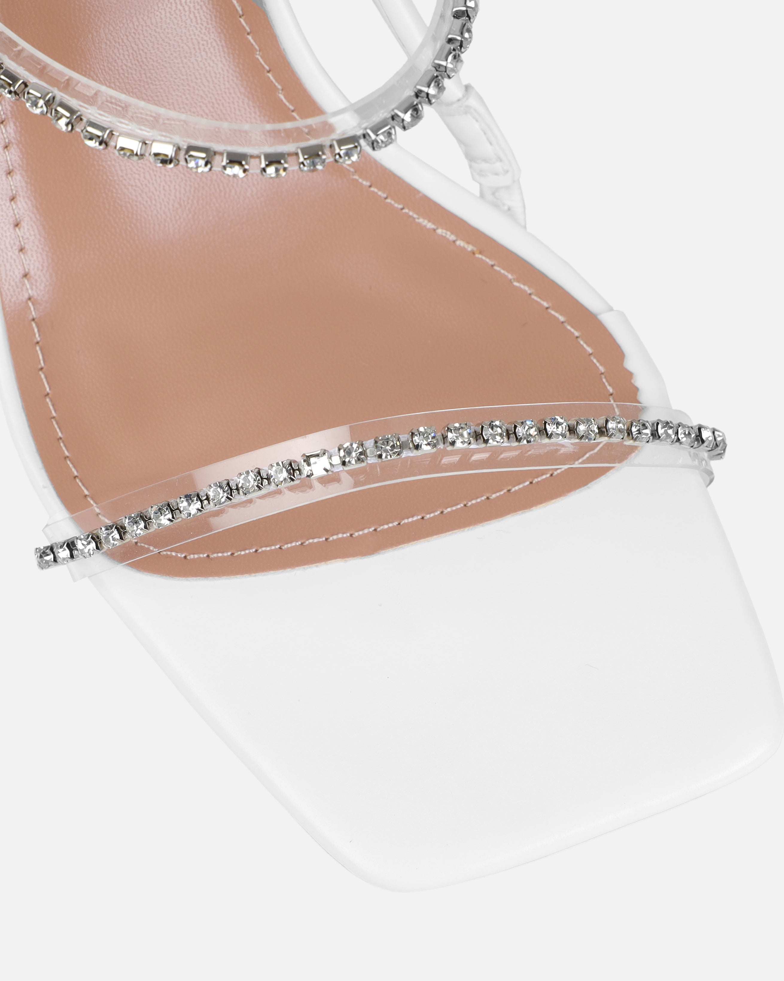 Dionne Crowe Confetti White Clear Diamante Mid Heel Mules | SIMMI London