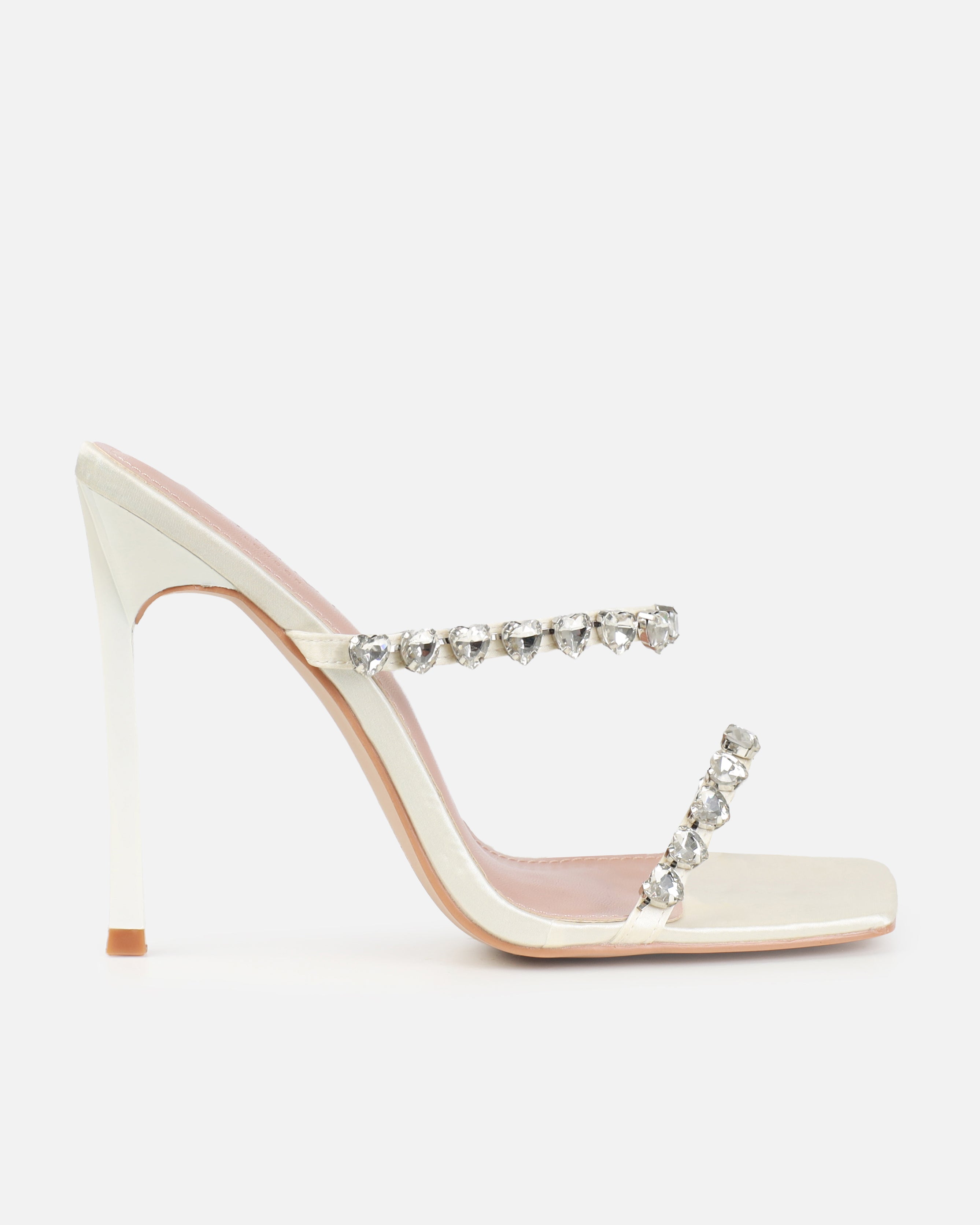 Dionne Crowe Eternal Ivory Satin Heart Diamante Mules | SIMMI London