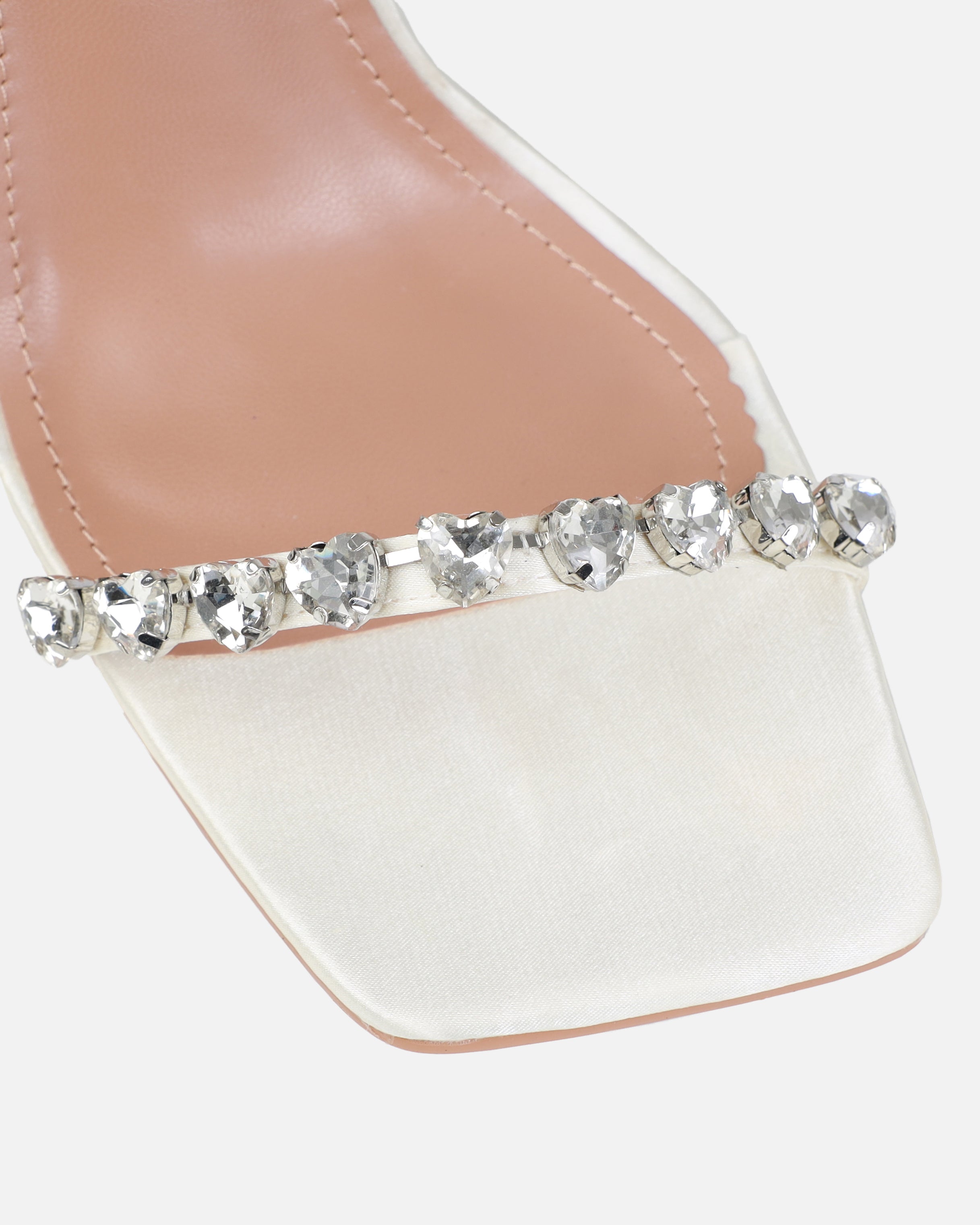 Dionne Crowe Eternal Ivory Satin Heart Diamante Mules | SIMMI London