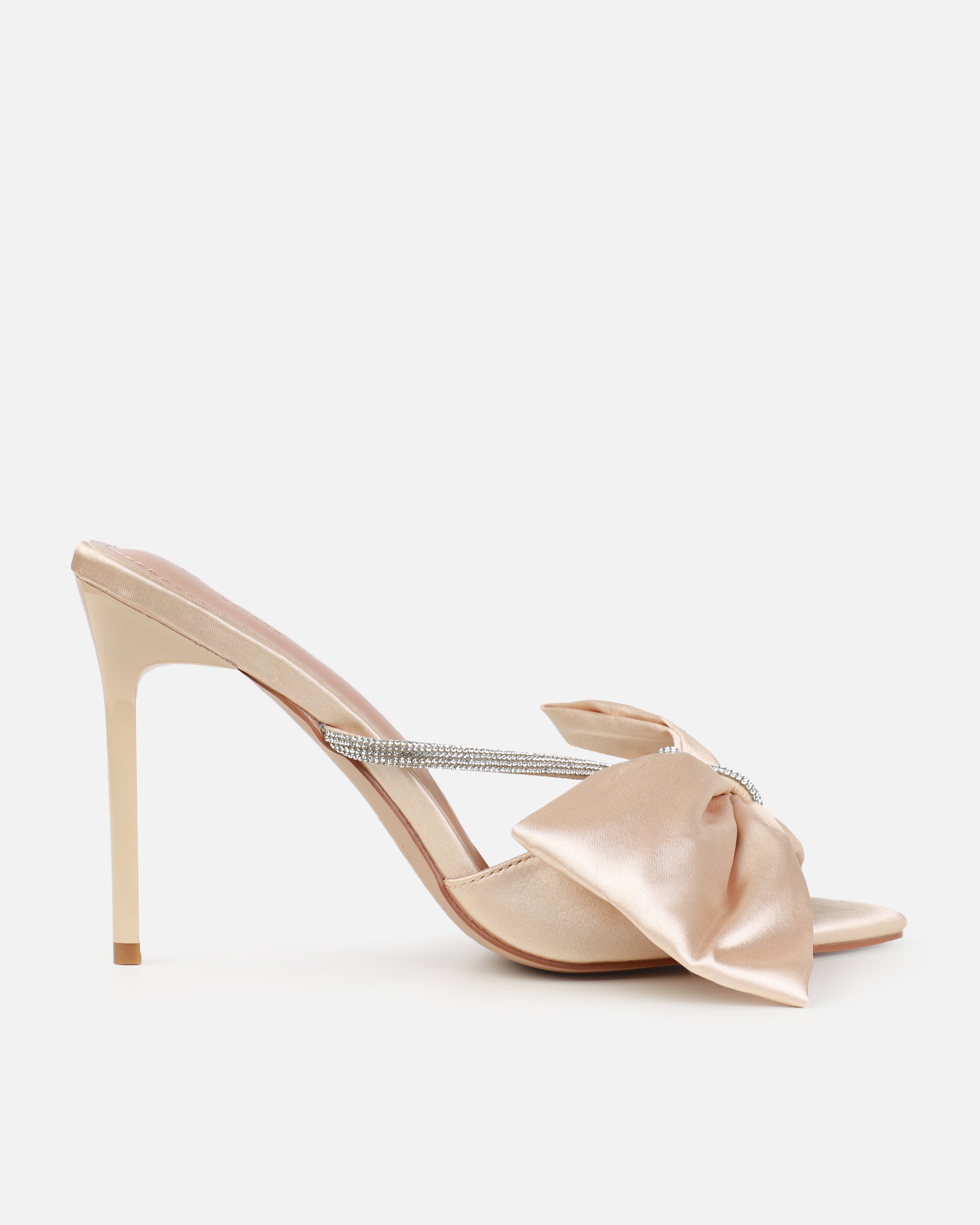Dionne Crowe Veil Champagne Satin Diamante Bow Mules | SIMMI London