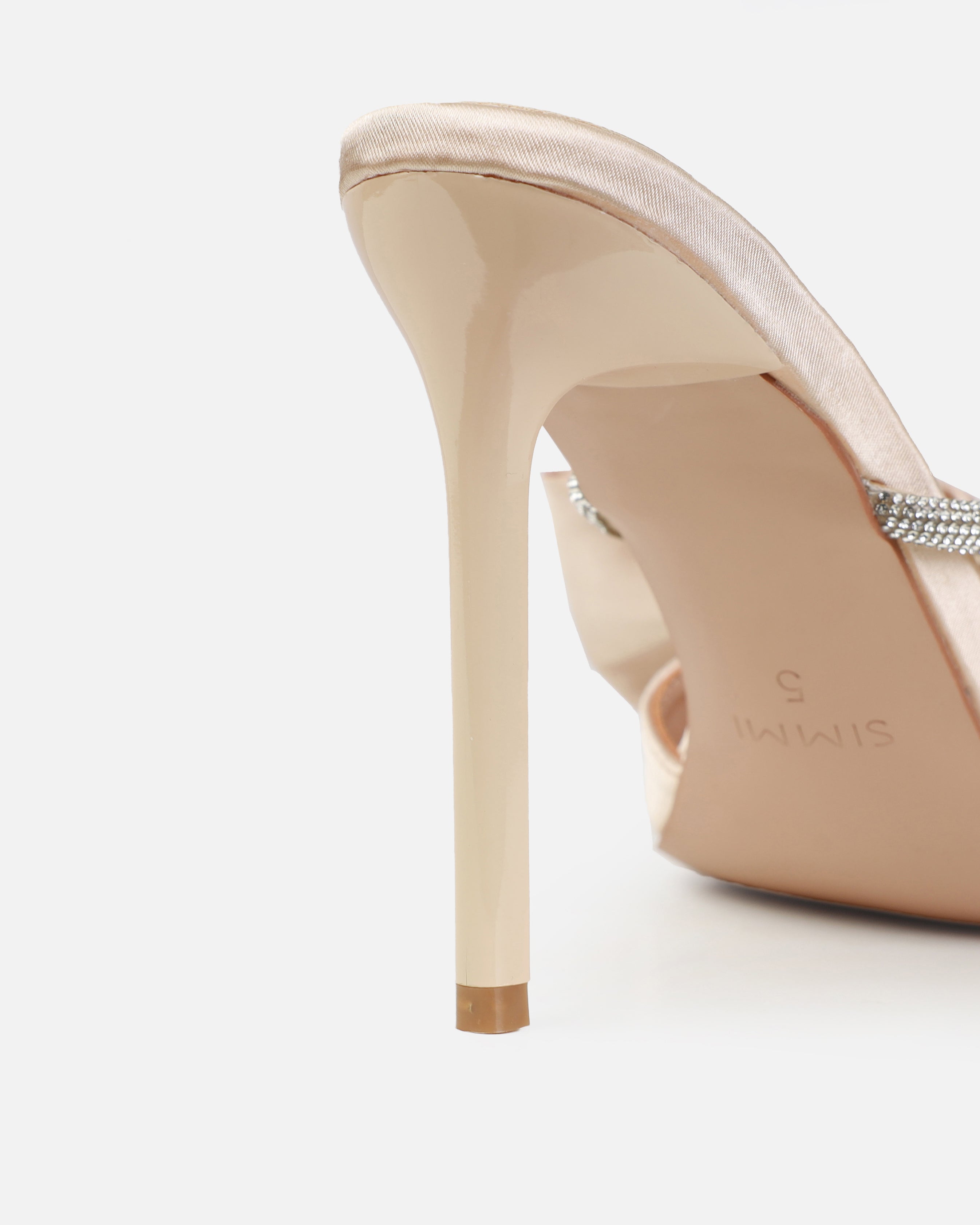 Dionne Crowe Veil Champagne Satin Diamante Bow Mules | SIMMI London
