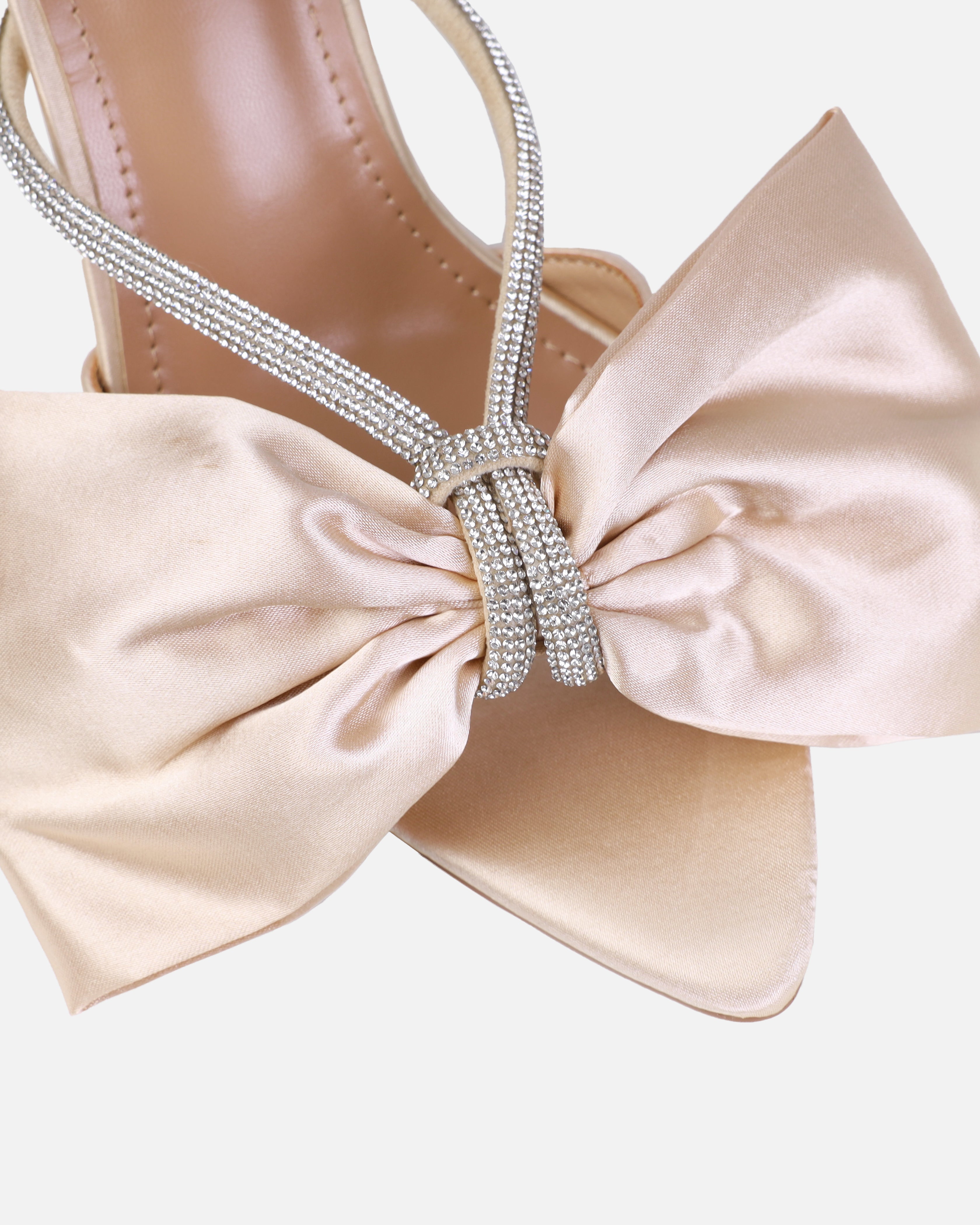 Dionne Crowe Veil Champagne Satin Diamante Bow Mules | SIMMI London