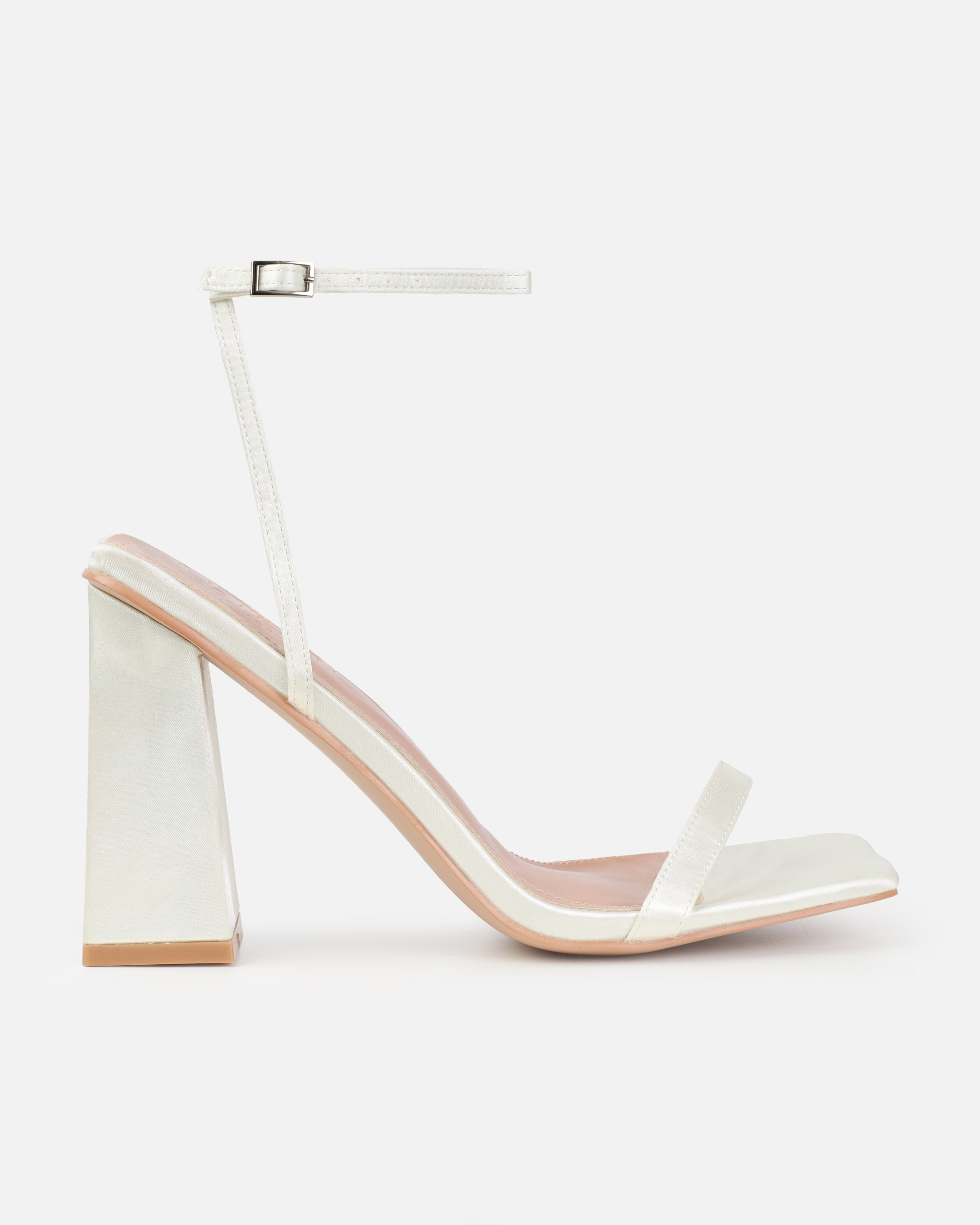 Dionne Crowe Favor Ivory Satin Strappy Block Heels | SIMMI London