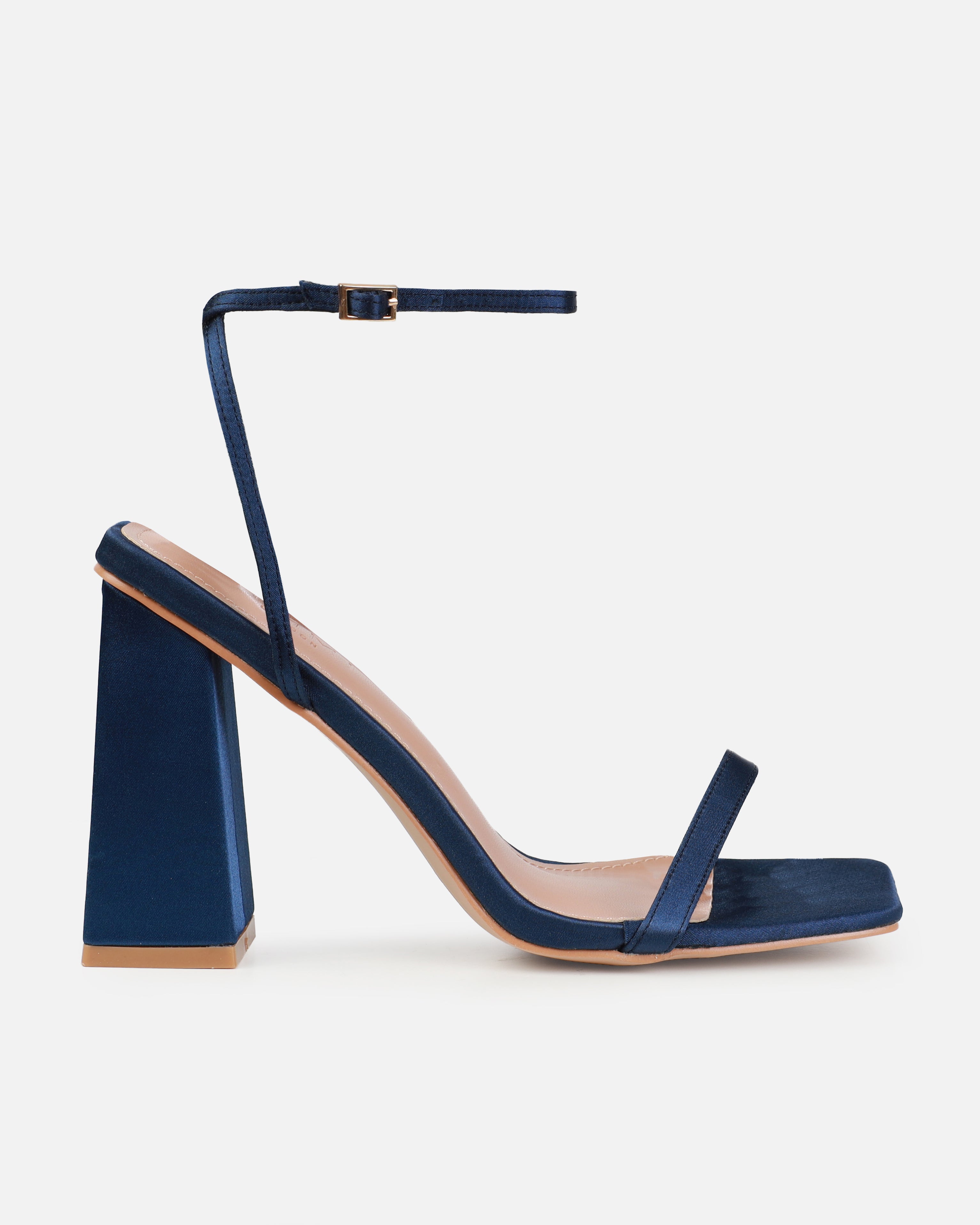 Dionne Crowe Favor Navy Satin Strappy Block Heels | SIMMI London