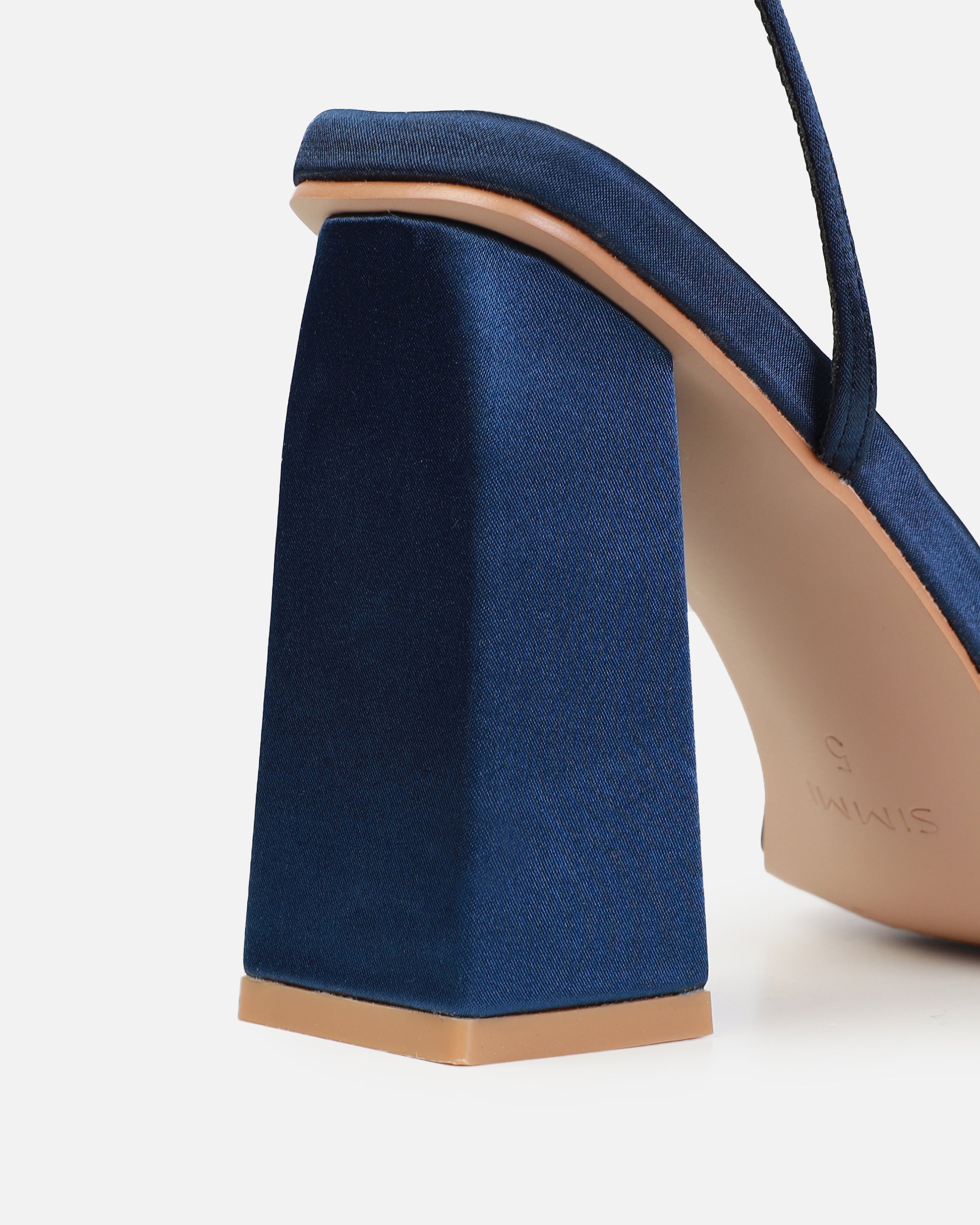 Dionne Crowe Favor Navy Satin Strappy Block Heels | SIMMI London