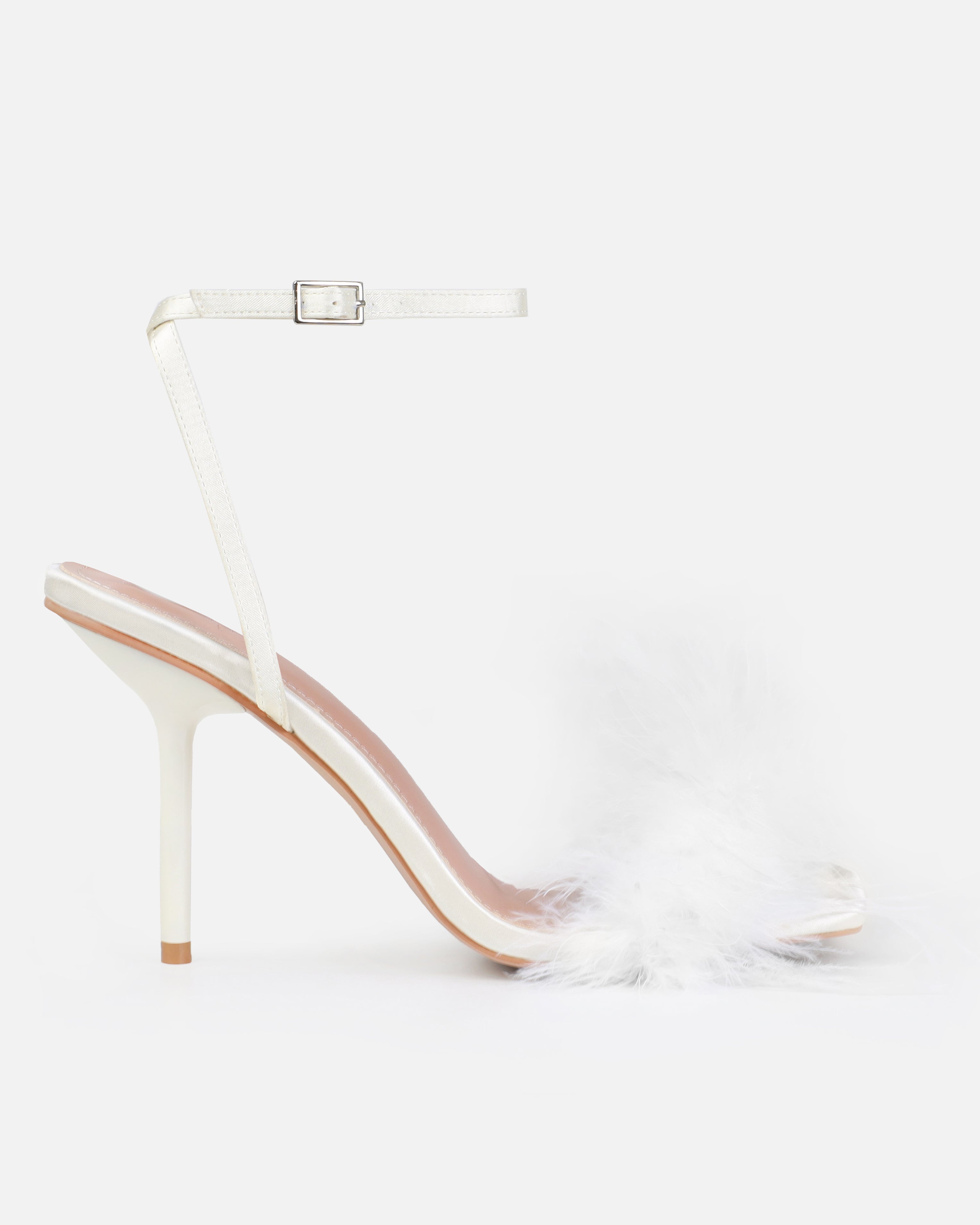 Dionne Crowe Sweetheart Ivory Satin Fluffy Heels | SIMMI London