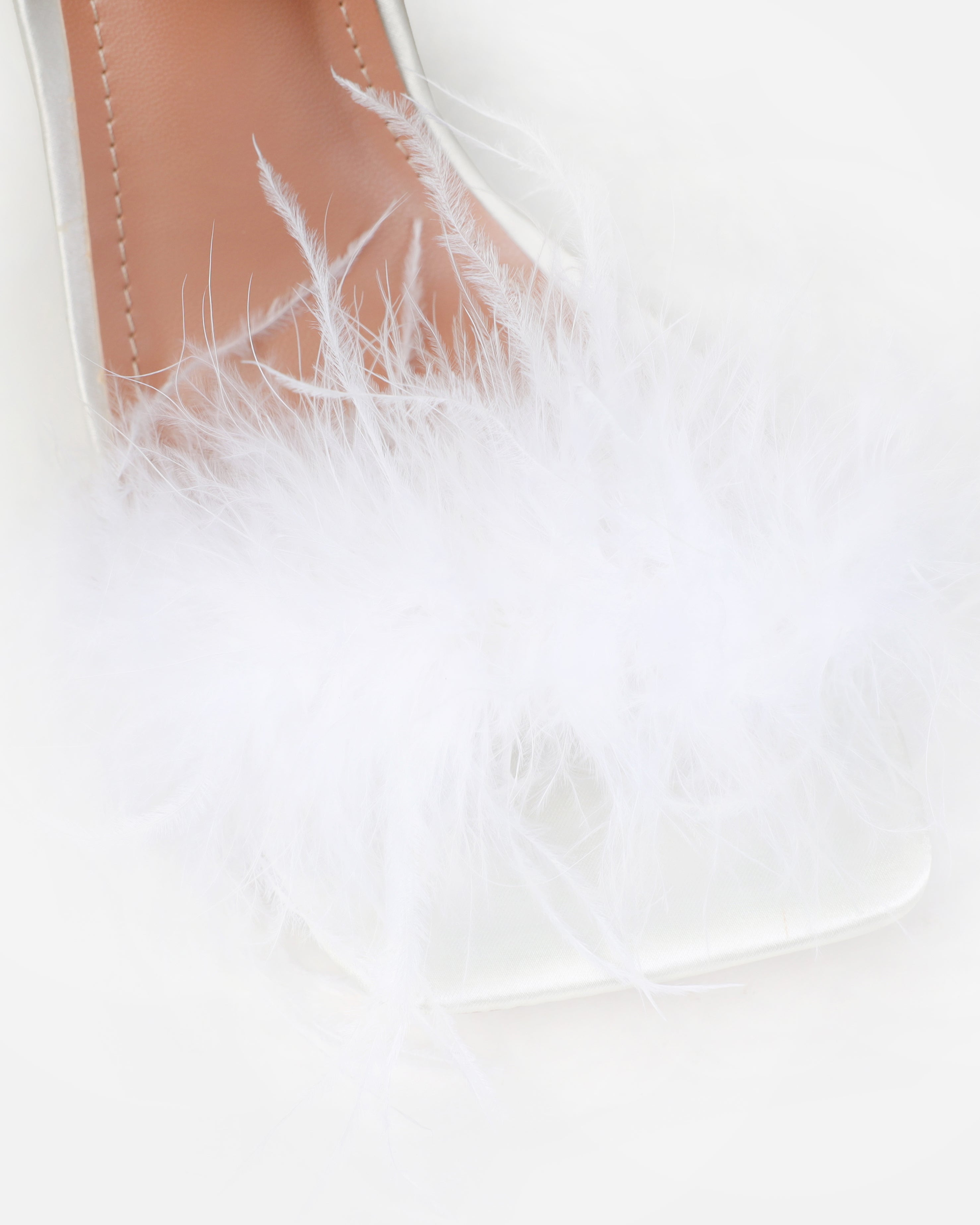 Dionne Crowe Sweetheart Ivory Satin Fluffy Heels | SIMMI London