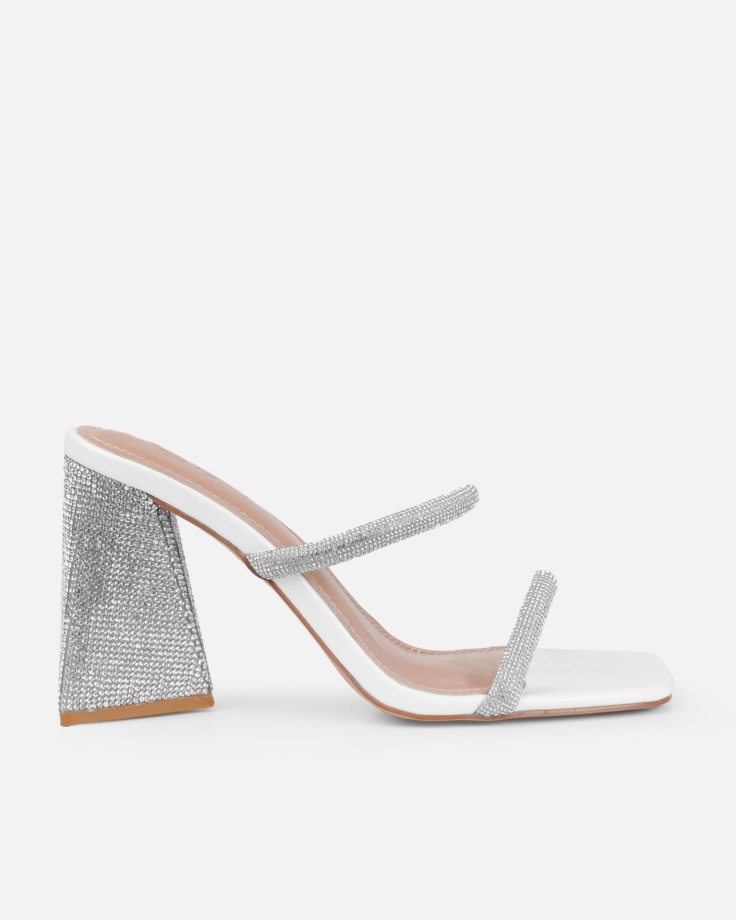Dionne Crowe Soulmate White Block Diamante Mules | SIMMI London