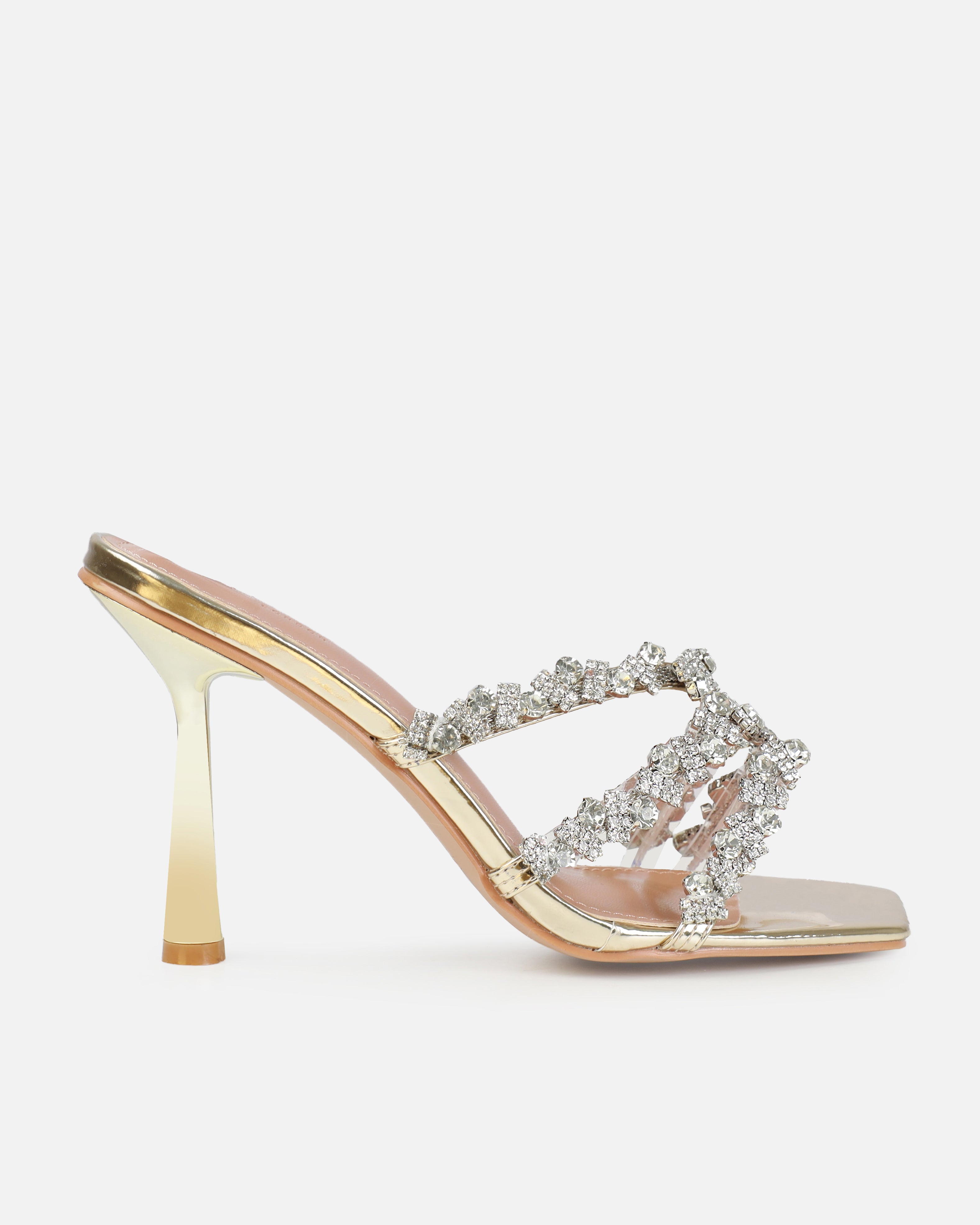 Dionne Crowe Romance Gold Diamante Mules | SIMMI London
