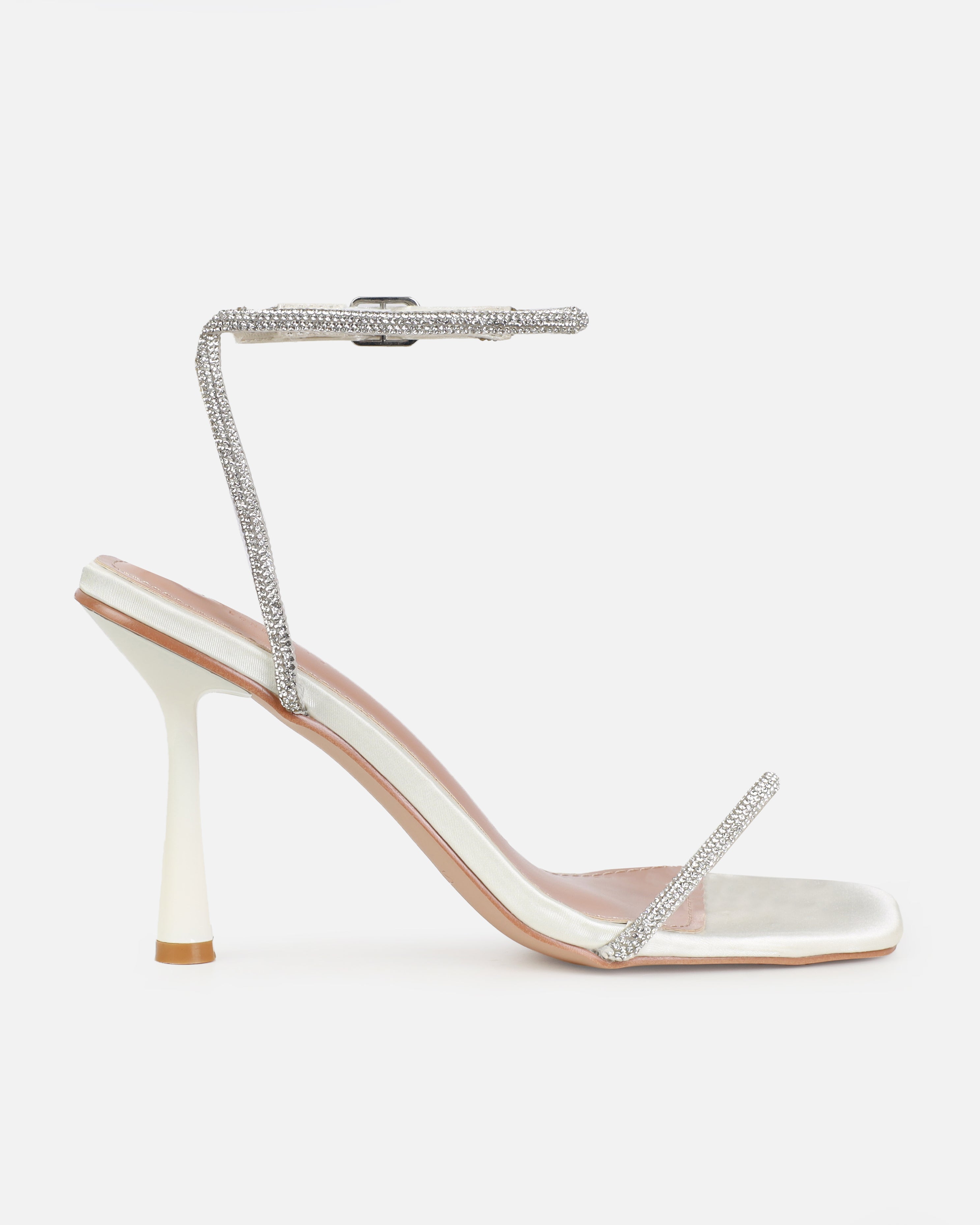 Dionne Crowe Truelove Ivory Satin Strappy Diamante Heels | SIMMI London