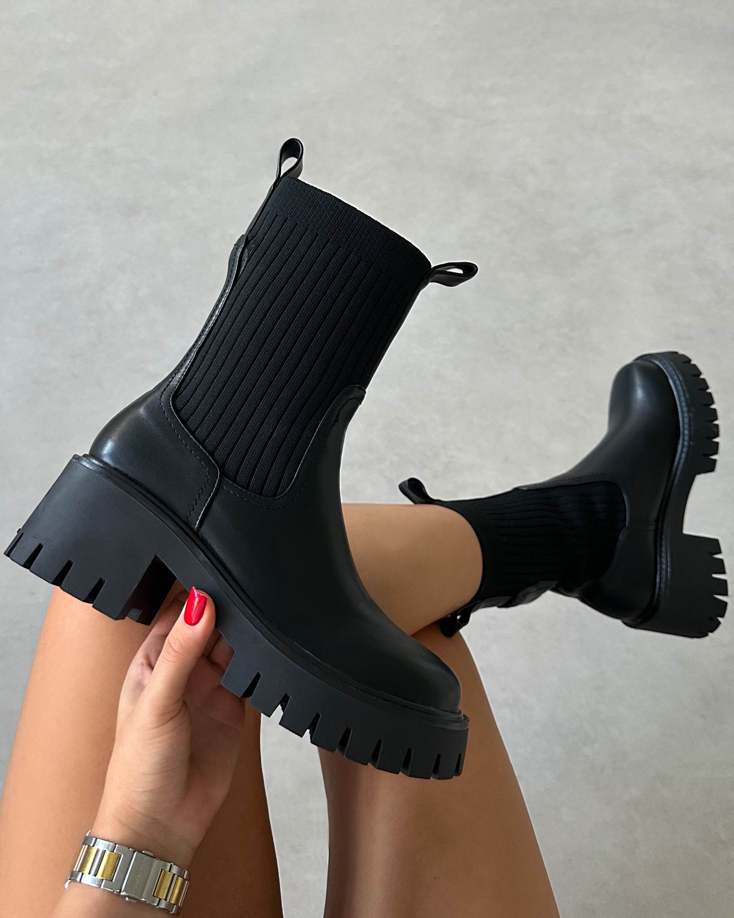 Albie Black Chunky Knitted Ankle Boots | Simmi London