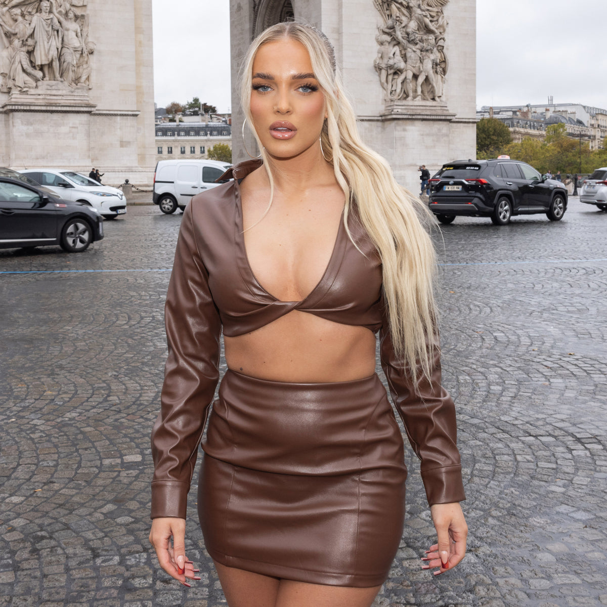 Mary Bedford Belle Chocolate Faux Leather Panelled Mini Skirt | SIMMI London