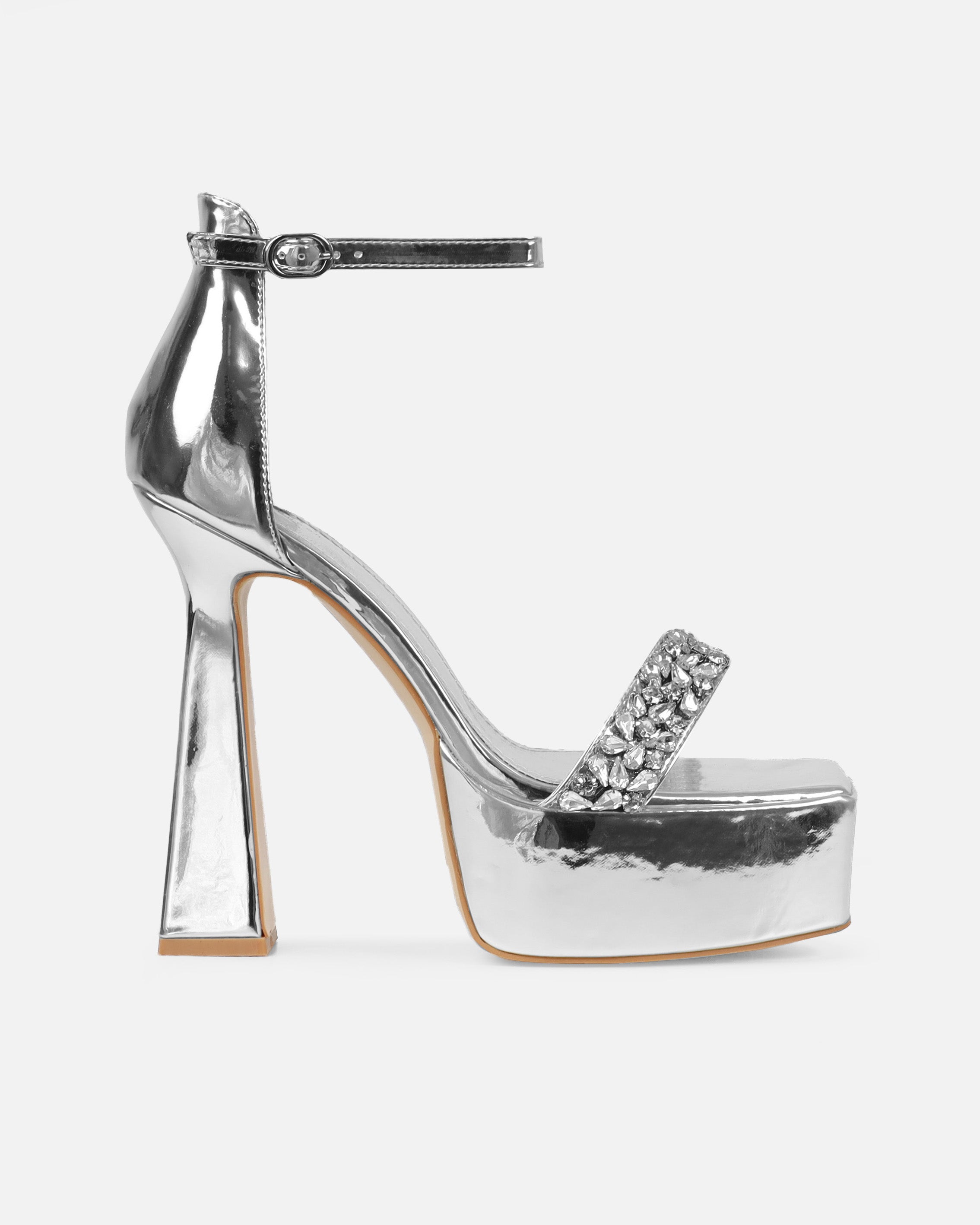 Mary Bedford Bellia Silver Metallic Diamante Platform Block Heels | SIMMI London