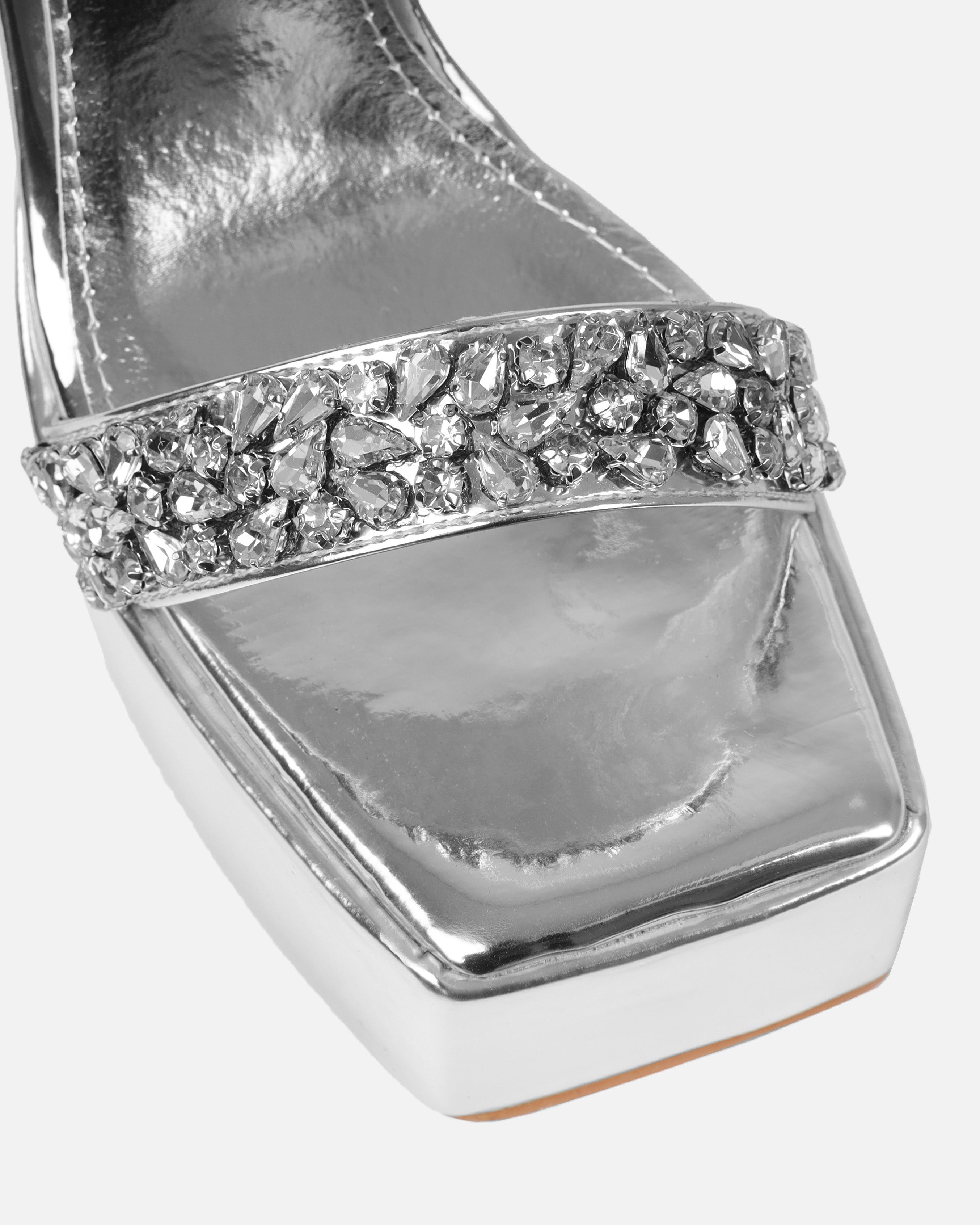 Mary Bedford Bellia Silver Metallic Diamante Platform Block Heels | SIMMI London