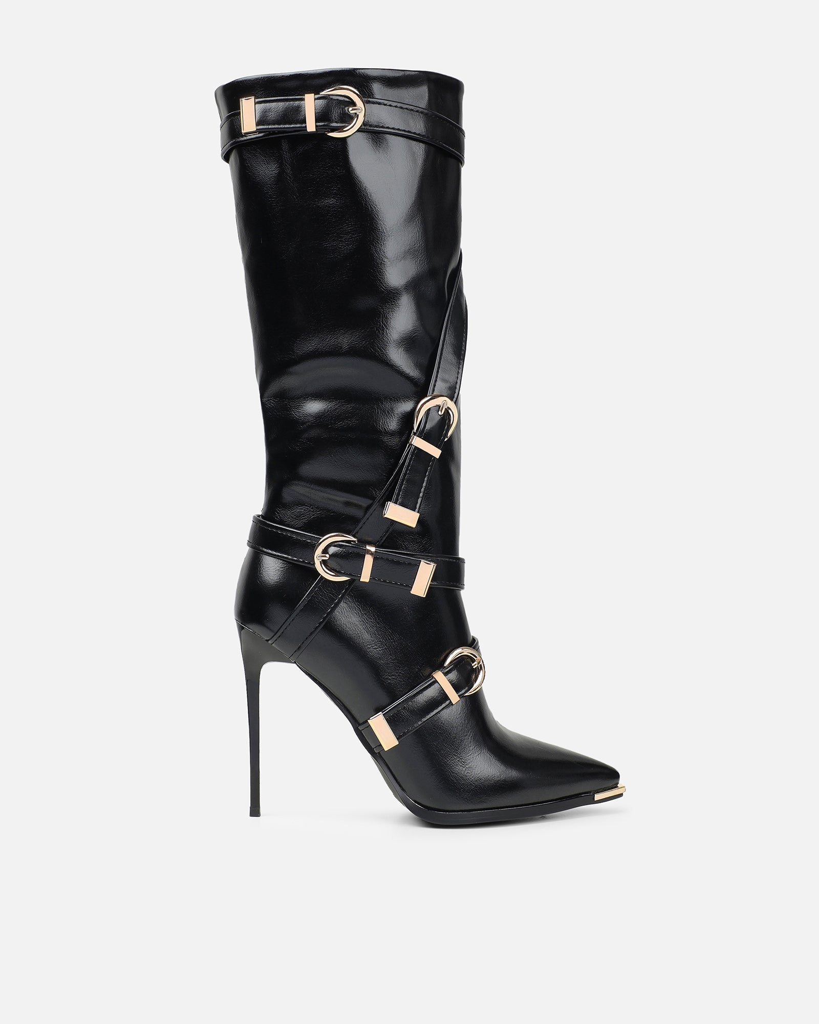 Elvis Black Buckle Detail Stiletto Knee Boots | SIMMI London