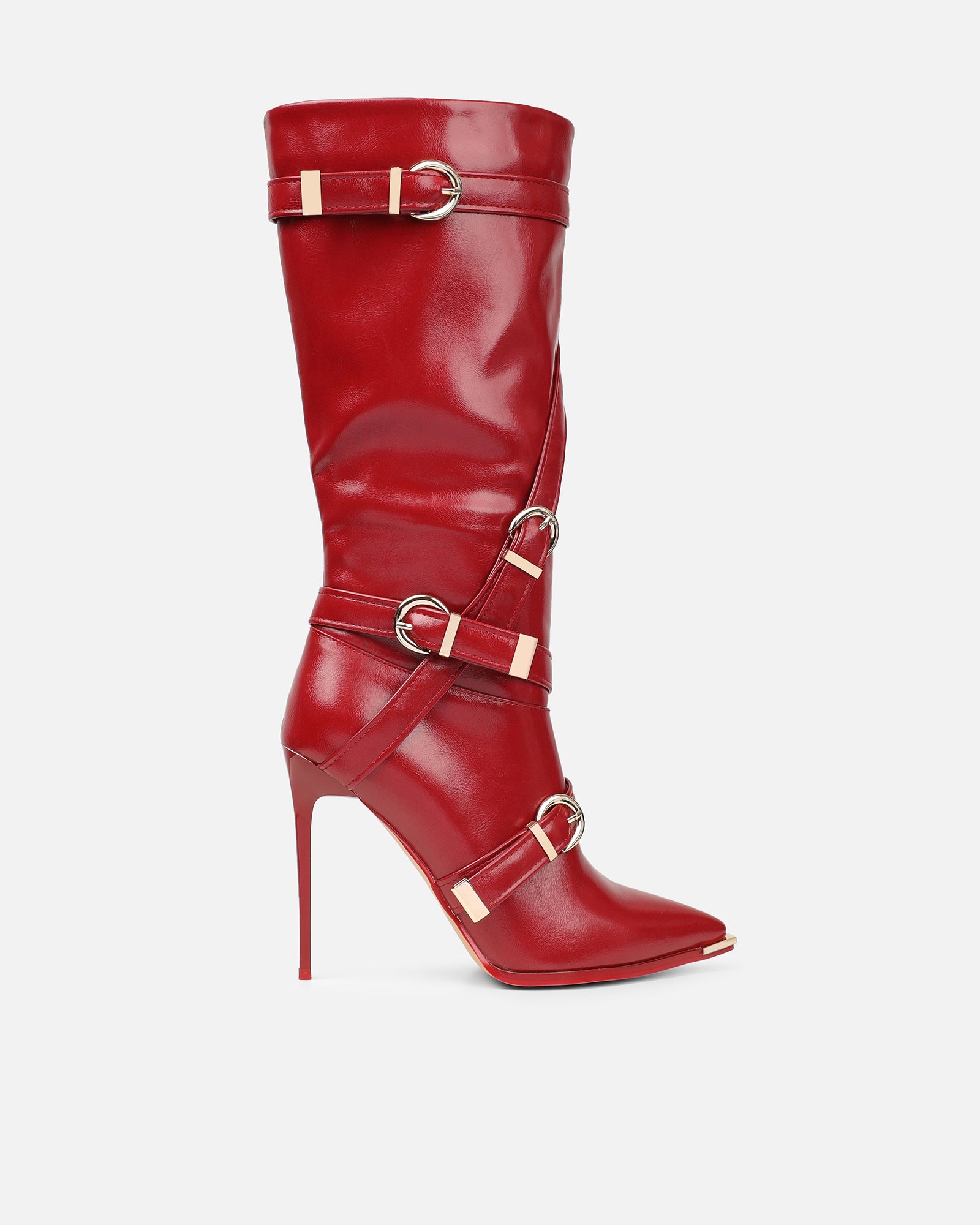 Elvis Red Buckle Detail Stiletto Knee Boots | SIMMI London