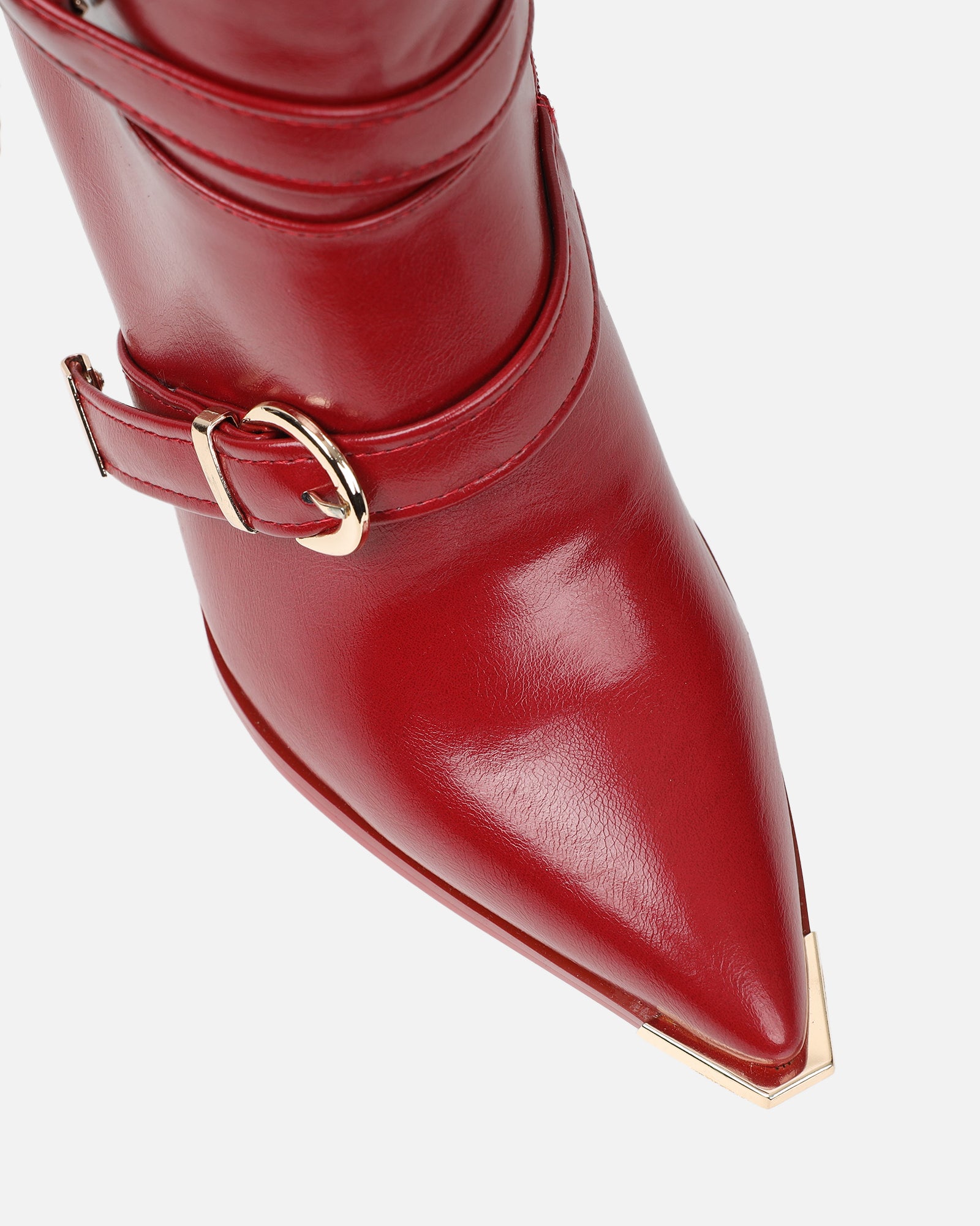 Elvis Red Buckle Detail Stiletto Knee Boots | SIMMI London