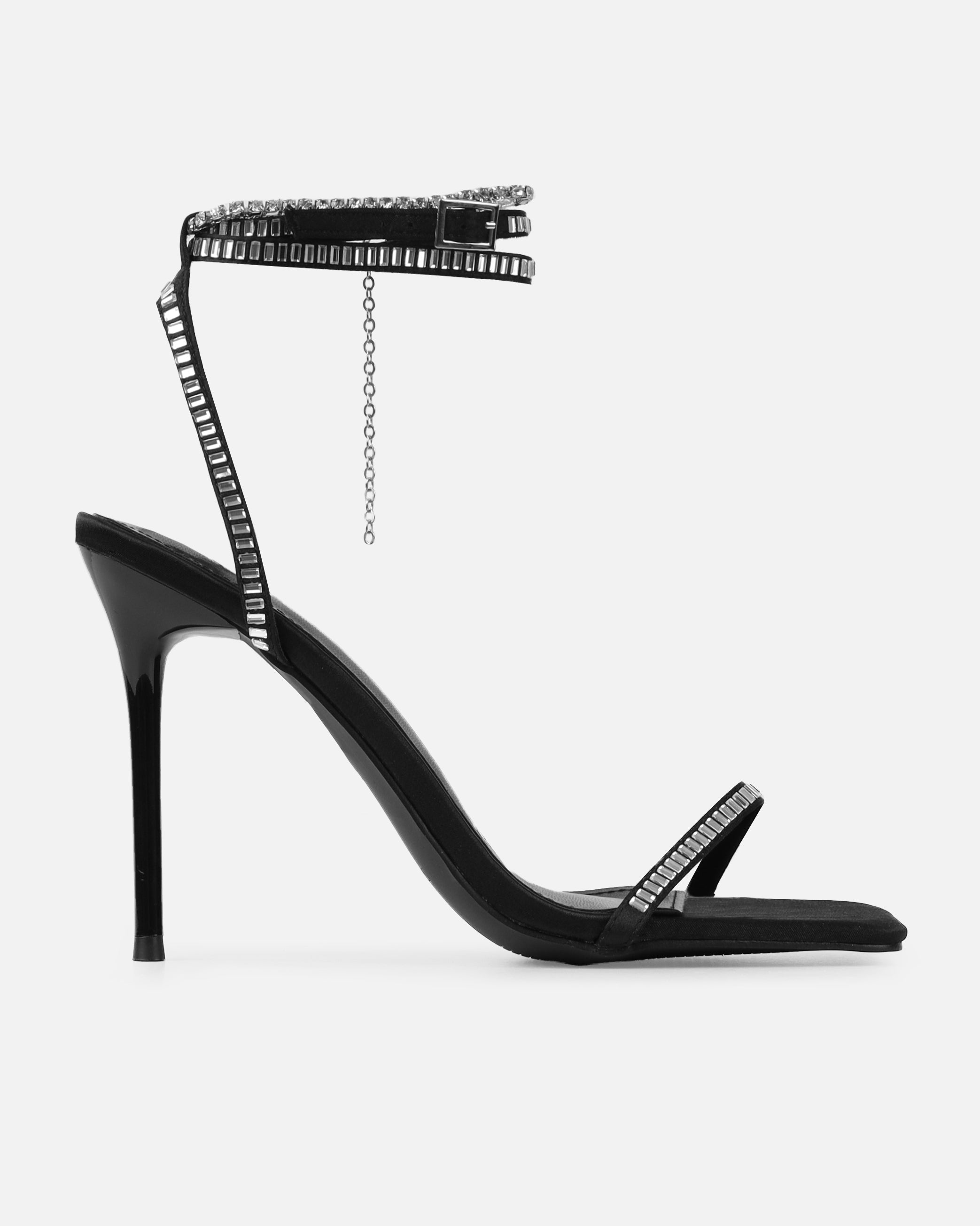 Mary Bedford Dola Black Satin Strappy Diamante Stiletto Heels | SIMMI London