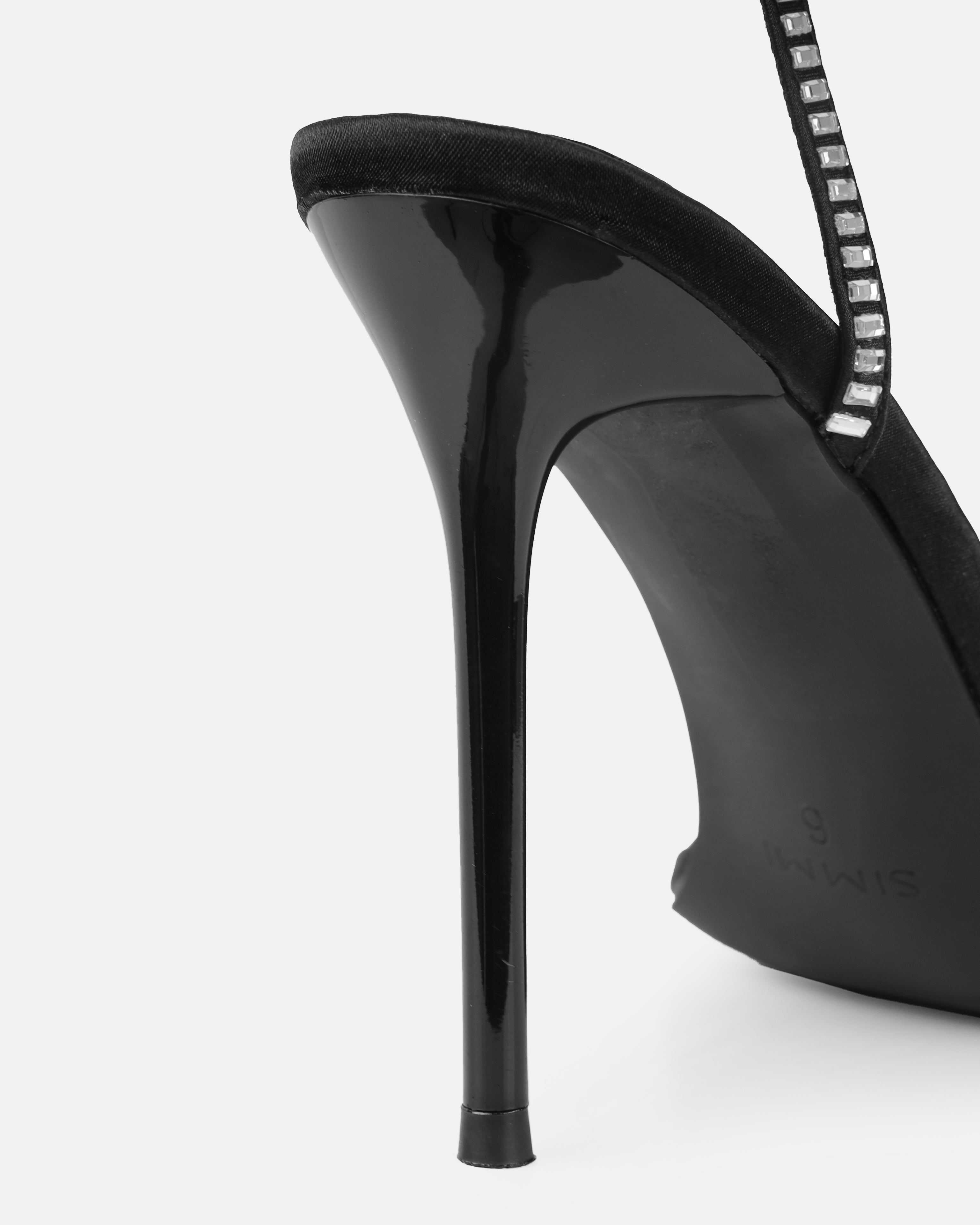 Mary Bedford Dola Black Satin Strappy Diamante Stiletto Heels | SIMMI London