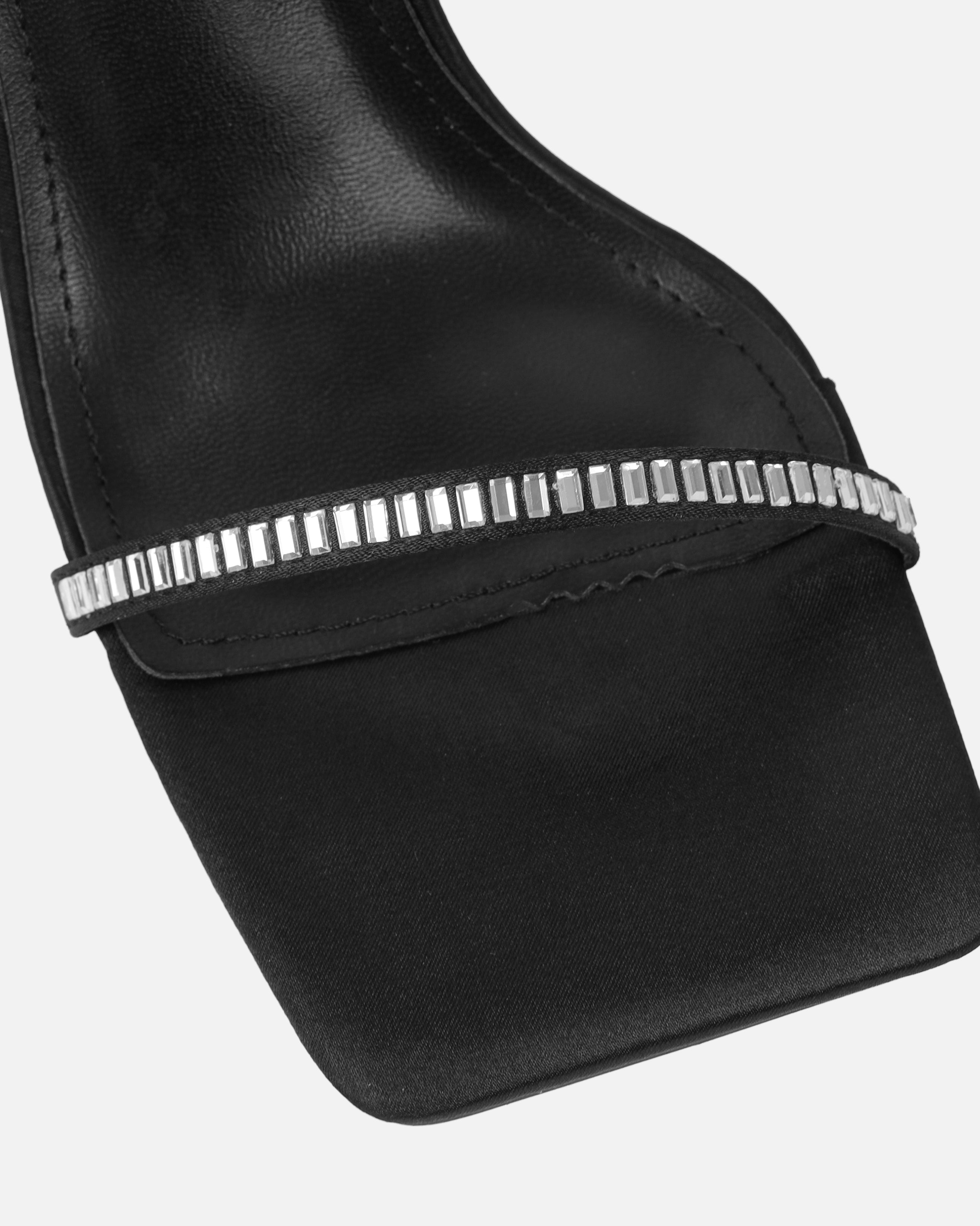 Mary Bedford Dola Black Satin Strappy Diamante Stiletto Heels | SIMMI London