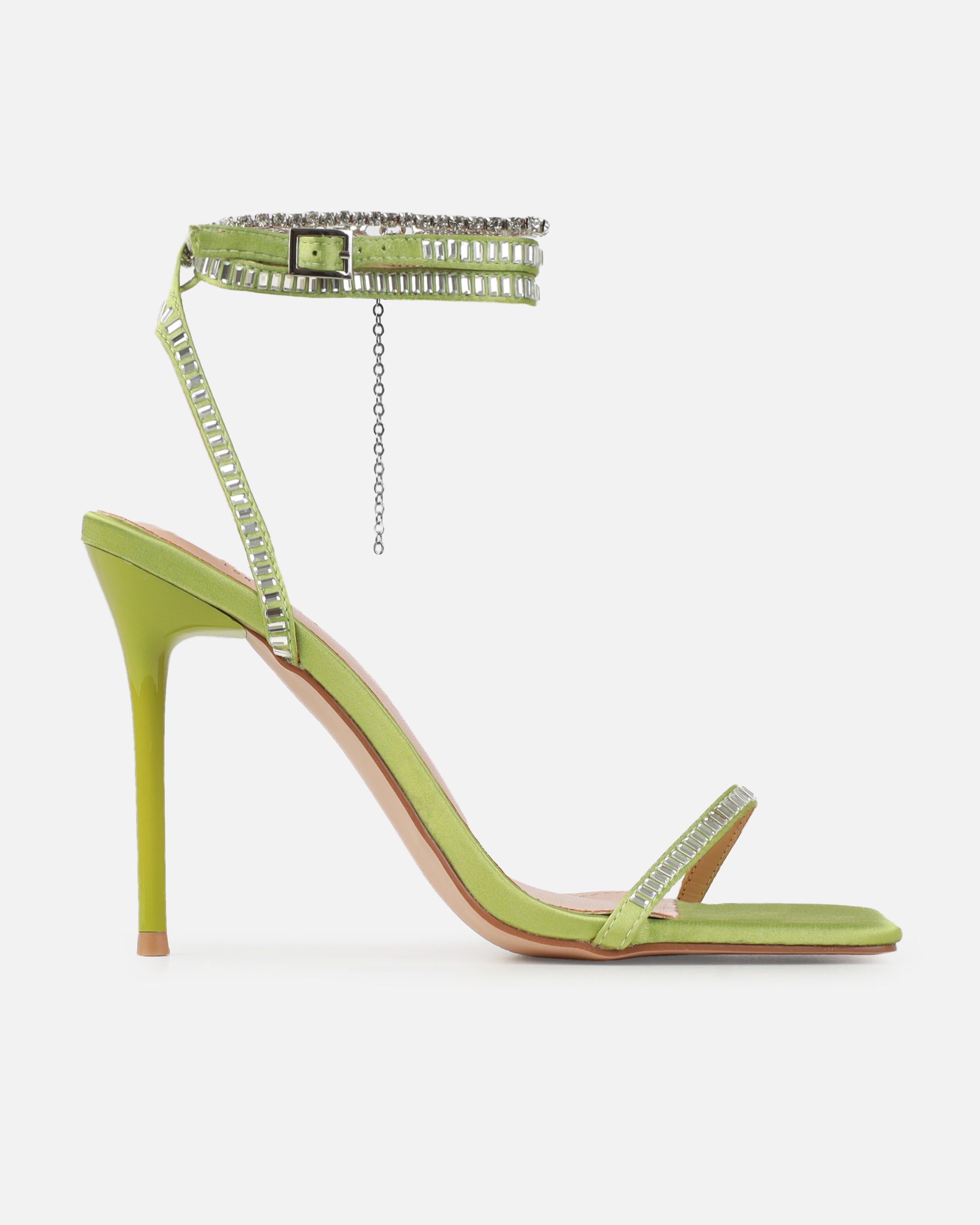 Mary Bedford Dola Green Satin Strappy Diamante Stiletto Heels | SIMMI London
